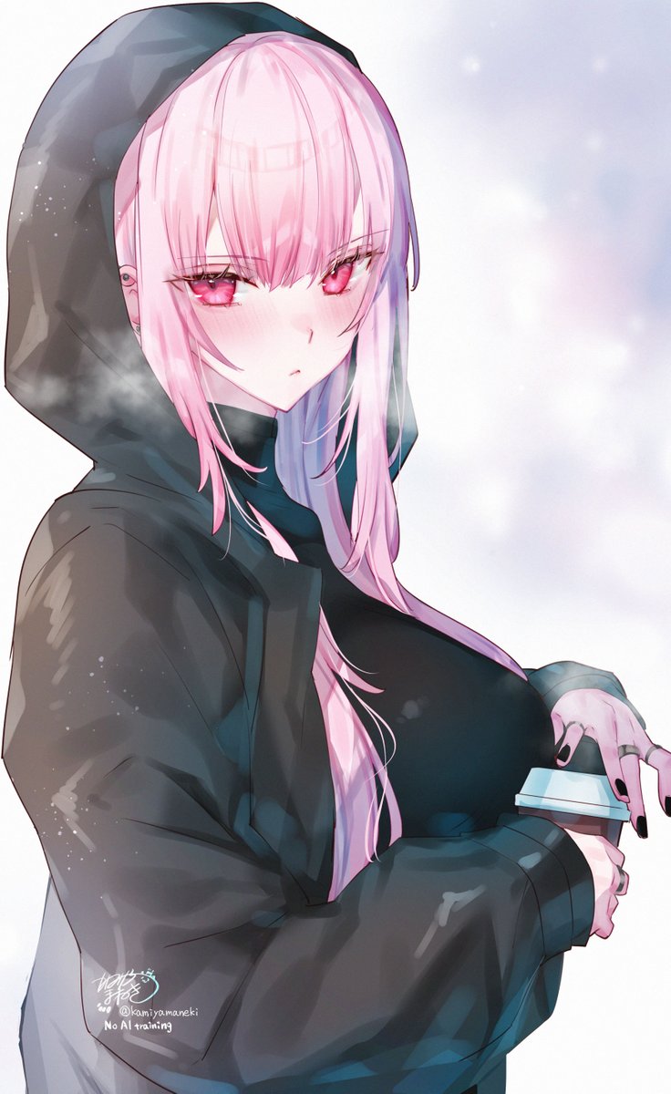 kamiya maneki, mori calliope, hololive, hololive english, commentary, highres, revision, symbol-only commentary, 1girl, alternate costume, black jacket, black nails, black shirt, blunt bangs, blush, breasts, closed mouth, cup, disposable cup, holding, holding cup, hood, hood up, hooded jacket, jacket, large breasts, long hair, long sleeves, looking at viewer, nail polish, pink eyes, pink hair, shirt, sidelocks, simple background, solo, turtleneck, upper body, virtual youtuber, white background