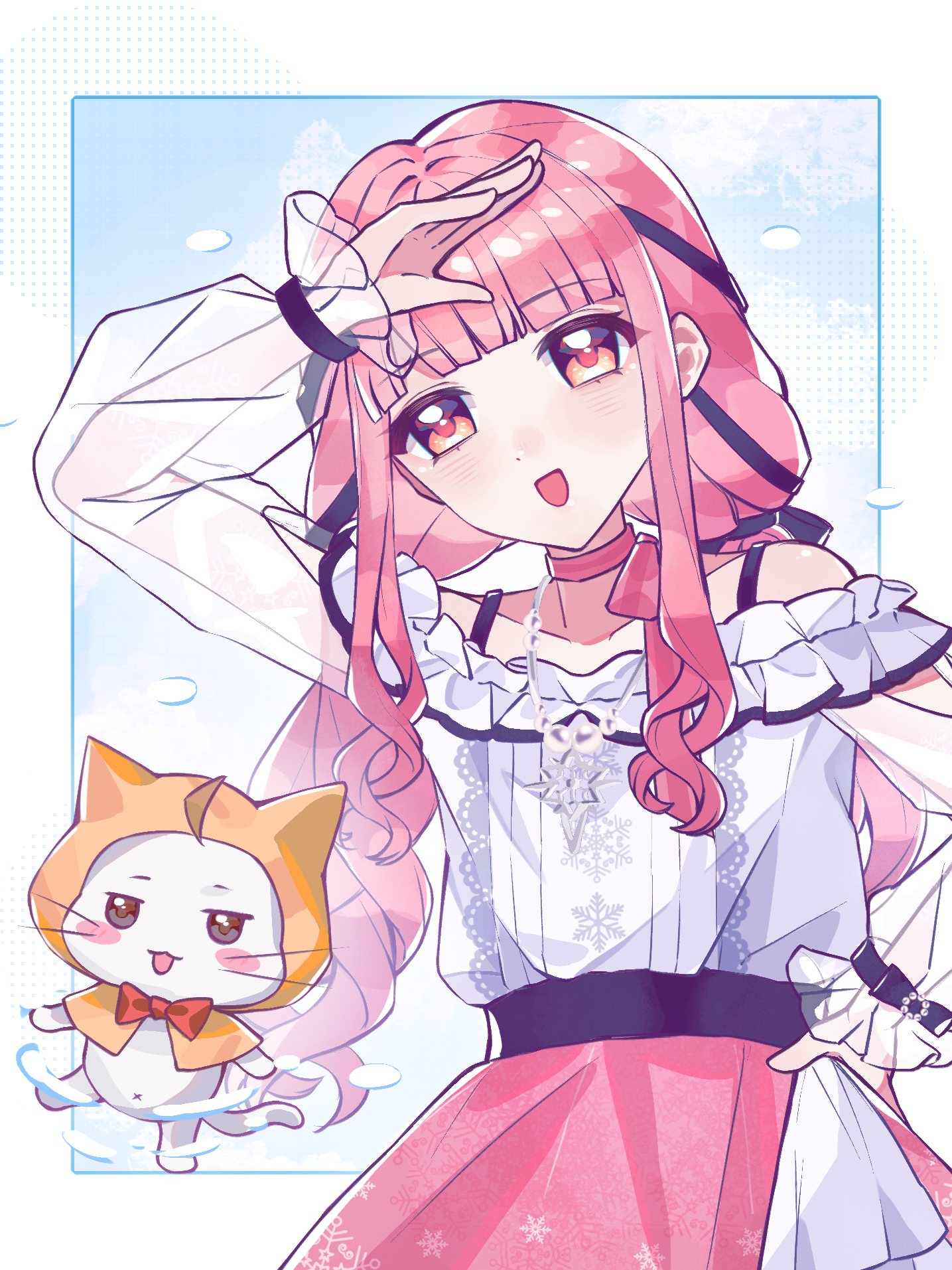haroi, momo (nikki), nikki (nikki), perfect start (infinity nikki), infinity nikki, nikki (series), chinese commentary, commentary request, highres, textless version, 1girl, ahoge, animal, arm cutout, bare shoulders, bead necklace, beads, belt, black belt, black bow, blue sky, blunt bangs, blush stickers, border, bow, bow choker, bowtie, bra strap, brown eyes, buttons, cat, center frills, choker, cloak, clothed animal, clothing cutout, cloud, collarbone, cowboy shot, day, dot nose, ear covers, eyelashes, eyes visible through hair, floating, frilled shirt, frilled skirt, frilled sleeves, frills, halftone, hand on own head, hand on own hip, happy, hexagram, hood, hood up, hooded cloak, jewelry, layered skirt, light blush, long hair, long sidelocks, long sleeves, looking at viewer, low twintails, navel, necklace, off-shoulder shirt, off shoulder, open mouth, outdoors, outside border, pink bow, pink bowtie, pink choker, pink hair, pink skirt, pleated skirt, print skirt, puffy long sleeves, puffy sleeves, red bow, red bowtie, see-through clothes, see-through sleeves, shirt, sidelocks, single stripe, skirt, sky, sleeve bow, sleeves past wrists, smile, snowflake print, snowflakes, standing, star (symbol), star necklace, striped bow, striped bowtie, striped choker, striped clothes, traditional bowtie, twintails, very long hair, wavy hair, whiskers, white border, white cat, white shirt, white skirt, yellow cloak