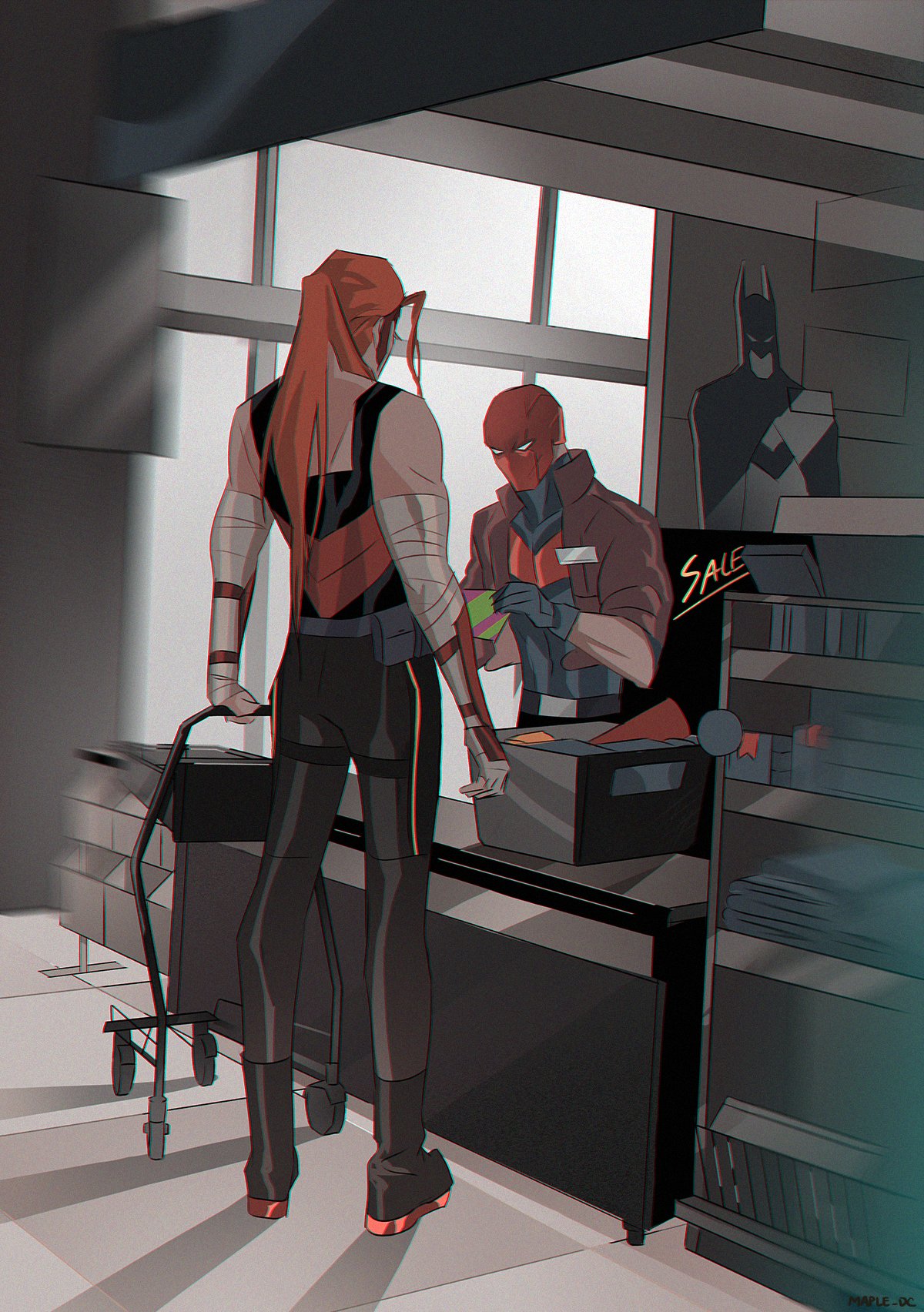 artemis of bana-mighdall, batman, jason todd, red hood (dc), batman (series), dc comics, red hood and the outlaws, wonder woman (series), commentary, english commentary, highres, photo-referenced, 1boy, barcode scanner, bat signal, batman symbol, black bodysuit, black gloves, bodysuit, brown jacket, cash register, cashier, convenience store, counter, gloves, grey bodysuit, height difference, jacket, maple dc, mask, meme, money, multicolored bodysuit, muscular, muscular male, open clothes, pants, red mask, shop, shopping, shopping cart, superhero costume, tall female, tall lady shopping in japanese store (meme), taut bodysuit, two-tone bodysuit