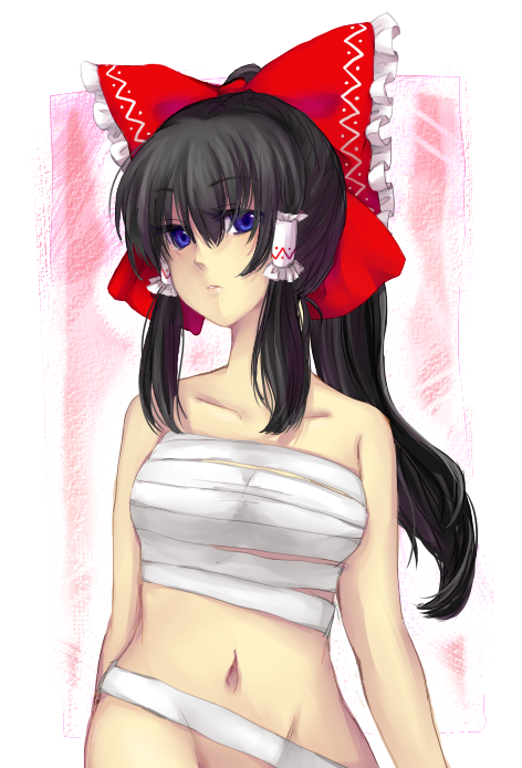 karasu tsuki, myuu (hellomagic), hakurei reimu, touhou, bad id, bad pixiv id, 1girl, bare shoulders, black hair, blue eyes, bottomless, bow, female focus, groin, hair bow, long hair, navel, no panties, sarashi, solo