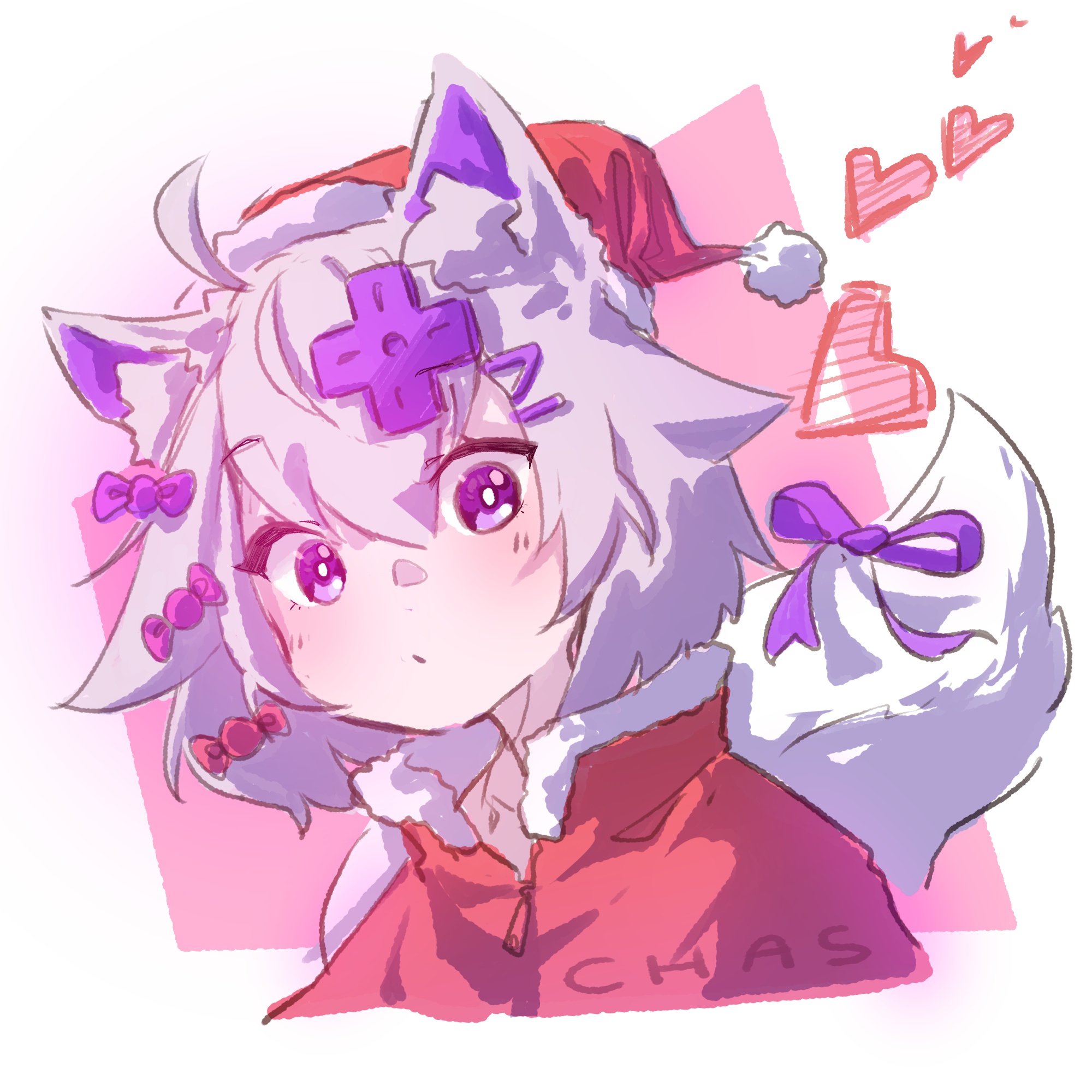 filian (vtuber), mint (vrchat), indie virtual youtuber, highres, 1girl, ahoge, animal ear fluff, animal ears, artist name, blush, bow, bright pupils, cat ears, cat girl, cat tail, chasiibles, d-pad, d-pad hair ornament, eyelashes, hair bow, hair ornament, hat, heart, purple eyes, purple ribbon, red hat, ribbon, santa hat, simple background, solo, tail, tail ornament, tail ribbon, virtual youtuber, white background, white hair, white pupils