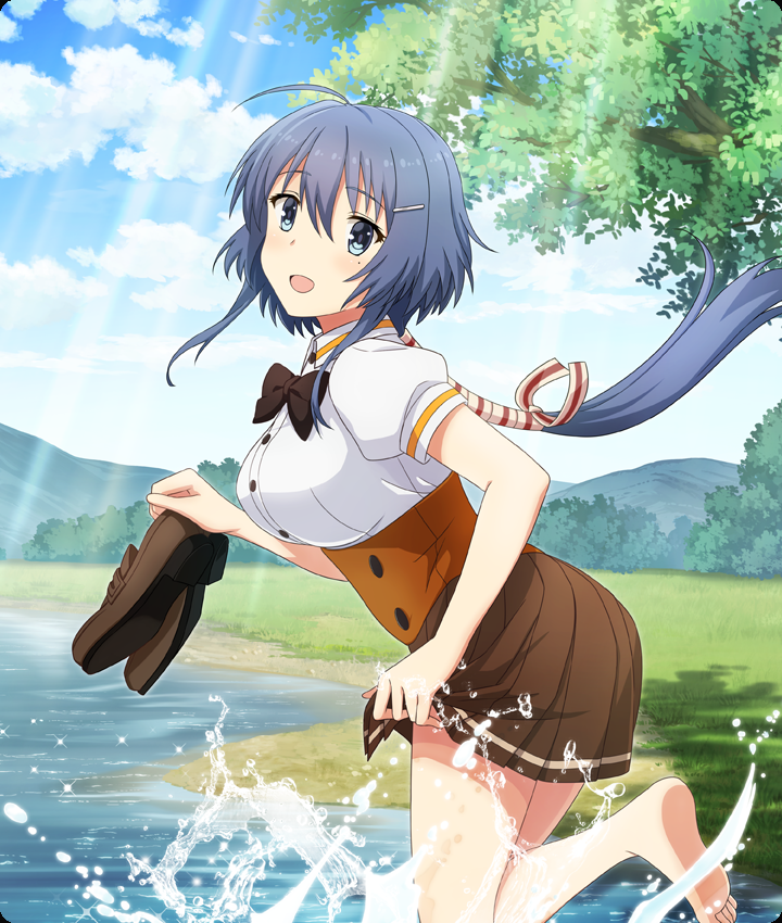 setouchi chie, toji no miko, toji no miko: kizamishi issen no tomoshibi, game cg, official art, third-party source, 1girl, :d, ahoge, barefoot, blue eyes, blue hair, blue sky, blush, breasts, brown corset, brown shoes, brown skirt, buttons, cloud, cloudy sky, corset, day, hair ornament, hairclip, holding, holding shoes, holding unworn clothes, large breasts, leaning forward, long hair, looking at viewer, looking to the side, low ponytail, mole, mole under eye, mountainous horizon, nature, open mouth, osafune girls academy school uniform, outdoors, ponytail, school uniform, shirt, shoes, short sleeves, sidelocks, skirt, skirt hold, sky, smile, solo, splashing, standing, standing on one leg, sunlight, tree, underbust, unworn shoes, very long hair, wading, water, white shirt