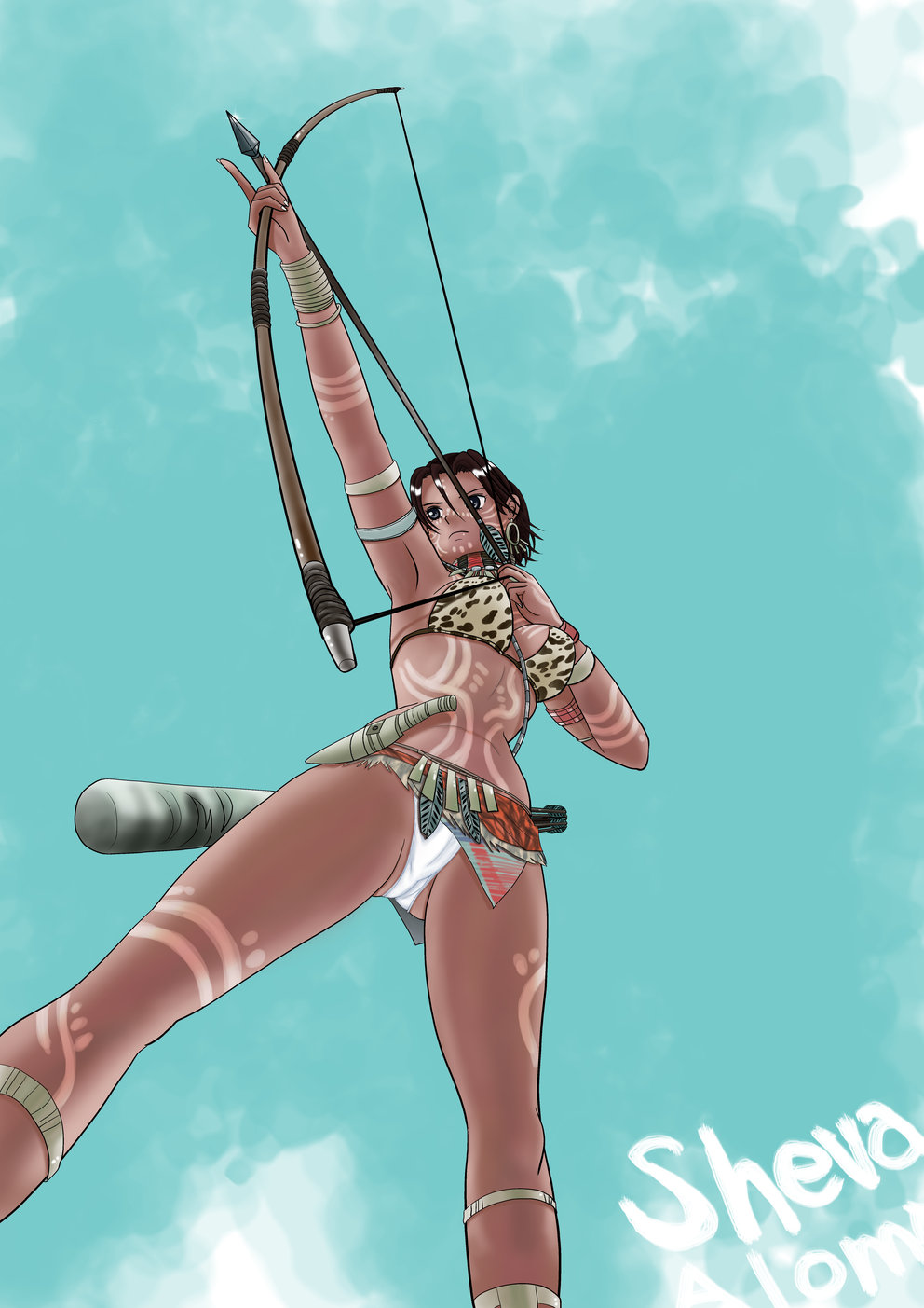 nanamaru (18daime), sheva alomar, resident evil, resident evil 5, highres, alternate costume, animal print, arrow (projectile), bikini, bikini top only, bodypaint, bow (weapon), brown hair, dagger, dark skin, earrings, grey eyes, jewelry, knife, leopard print, panties, swimsuit, tribal, underwear, upskirt, weapon