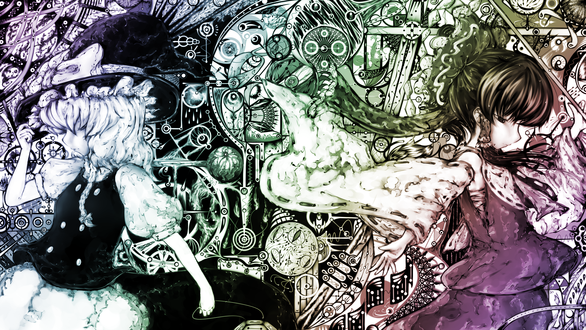 koohee, hakurei reimu, kirisame marisa, touhou, bad id, bad pixiv id, highres, 2girls, abstract, bow, braid, detached sleeves, female focus, hat, japanese clothes, miko, multiple girls, psychedelic, witch, witch hat