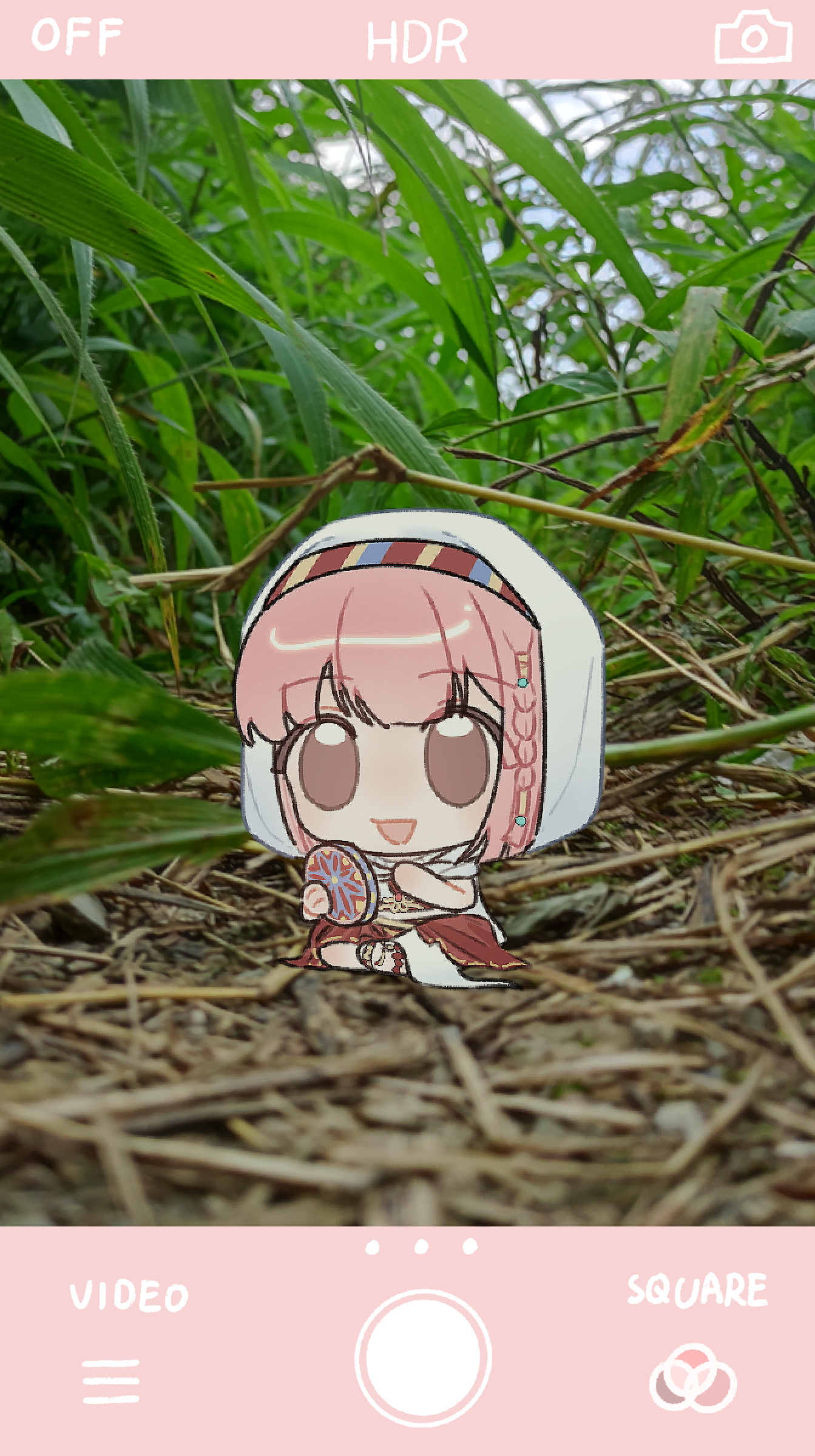 nikki (nikki), purifying wind (infinity nikki), infinity nikki, nikki (series), chinese commentary, commentary request, highres, 1girl, bare arms, beads, blue sky, braid, brown eyes, brown sandals, cloak, cloud, day, fake phone screenshot, fake screenshot, grass, hair beads, hair ornament, hair tubes, happy, holding, holding instrument, hood, hood up, hooded cloak, instrument, knees apart feet together, layered skirt, long skirt, looking at viewer, medium hair, midriff, mini person, minigirl, open mouth, pink hair, red skirt, sandals, shirt, side braid, single braid, sitting, skirt, sky, sleeveless, sleeveless shirt, smile, solo, tambourine, tareme, white cloak, white shirt, white skirt, xianmaobuchiyu