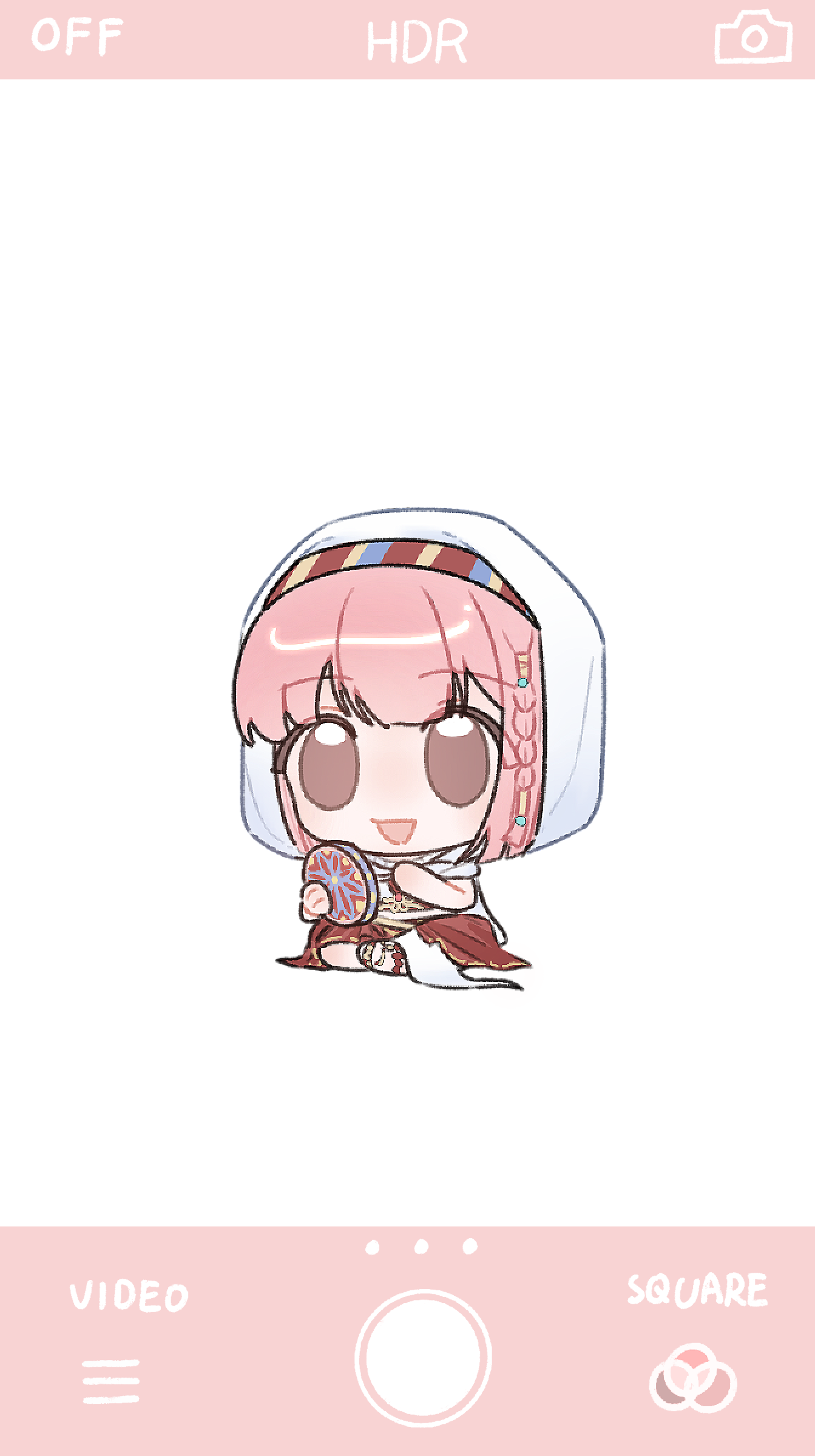 nikki (nikki), purifying wind (infinity nikki), infinity nikki, nikki (series), chinese commentary, commentary request, highres, 1girl, bare arms, beads, braid, brown eyes, brown sandals, cloak, fake phone screenshot, fake screenshot, hair beads, hair ornament, hair tubes, happy, holding, holding instrument, hood, hood up, hooded cloak, instrument, knees apart feet together, layered skirt, long skirt, looking at viewer, medium hair, midriff, open mouth, pink hair, red skirt, sandals, shirt, side braid, single braid, sitting, skirt, sky, sleeveless, sleeveless shirt, smile, solo, tambourine, tareme, transparent background, white cloak, white shirt, white skirt, xianmaobuchiyu