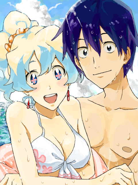 mosako, nia teppelin, simon (ttgl), tengen toppa gurren lagann, bad id, bad pixiv id, + +, 00s, 1boy, 1girl, beach, bikini, bikini top only, blue hair, breasts, cleavage, couple, cross-shaped pupils, day, front-tie top, hetero, large breasts, multicolored hair, outdoors, ponytail, smile, swimsuit, symbol-shaped pupils, tegaki, topless male, two-tone hair, water