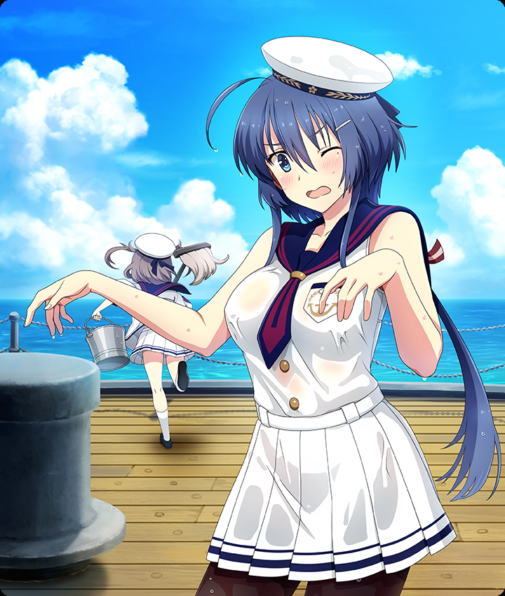 setouchi chie, shichinosato kofuki, toji no miko, toji no miko: kizamishi issen no tomoshibi, game cg, official art, third-party source, 2girls, ahoge, bare shoulders, belt, black pantyhose, black shoes, blue hair, blue ribbon, blue sailor collar, blue sky, blush, bucket, buttons, cloud, cloudy sky, collarbone, cowboy shot, day, grey hair, hair ornament, hair ribbon, hairclip, hands up, hat, hat ribbon, holding, holding bucket, holding mop, horizon, long hair, looking at viewer, low ponytail, mole, mole under eye, mop, multiple girls, necktie, ocean, one eye closed, open mouth, outdoors, pantyhose, ponytail, red necktie, red ribbon, ribbon, running, sailor collar, sailor hat, sailor shirt, ship, ship deck, shirt, shoes, skirt, sky, sleeveless, sleeveless shirt, socks, striped ribbon, twintails, watercraft, wet, wet clothes, wet shirt, wet skirt, white belt, white hat, white shirt, white socks, wooden deck
