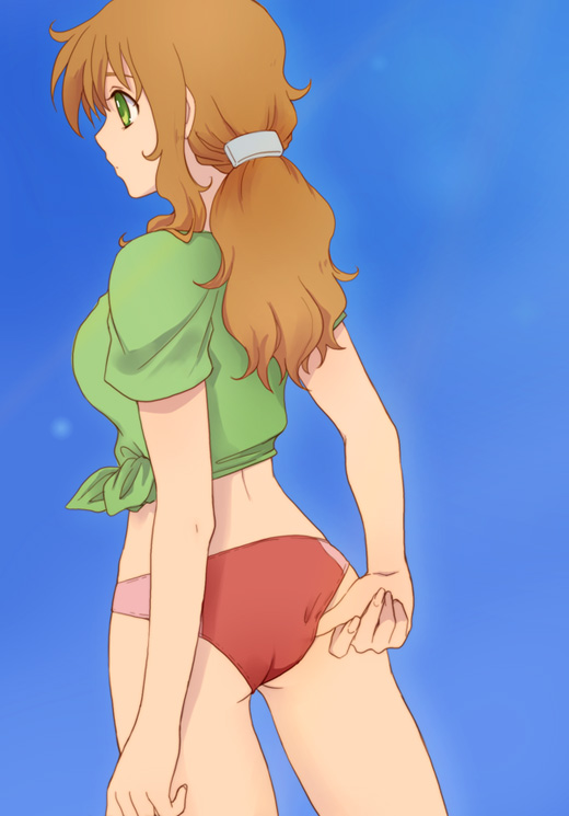 plum (arch), christina sierra, gundam, gundam 00, bad id, bad pixiv id, 00s, 1girl, adjusting clothes, adjusting swimsuit, ass, back, bikini, bikini bottom only, brown hair, cowboy shot, female focus, green eyes, hair ornament, hairclip, ponytail, red bikini, shirt, solo, swimsuit, t-shirt, tied shirt
