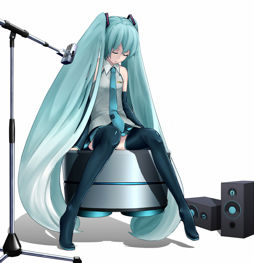eto, hatsune miku, vocaloid, bad id, bad pixiv id, 1girl, aqua hair, closed eyes, detached sleeves, female focus, legs, long hair, microphone, microphone stand, necktie, sitting, skirt, sleeping, solo, speaker, thighhighs, twintails, very long hair, zettai ryouiki