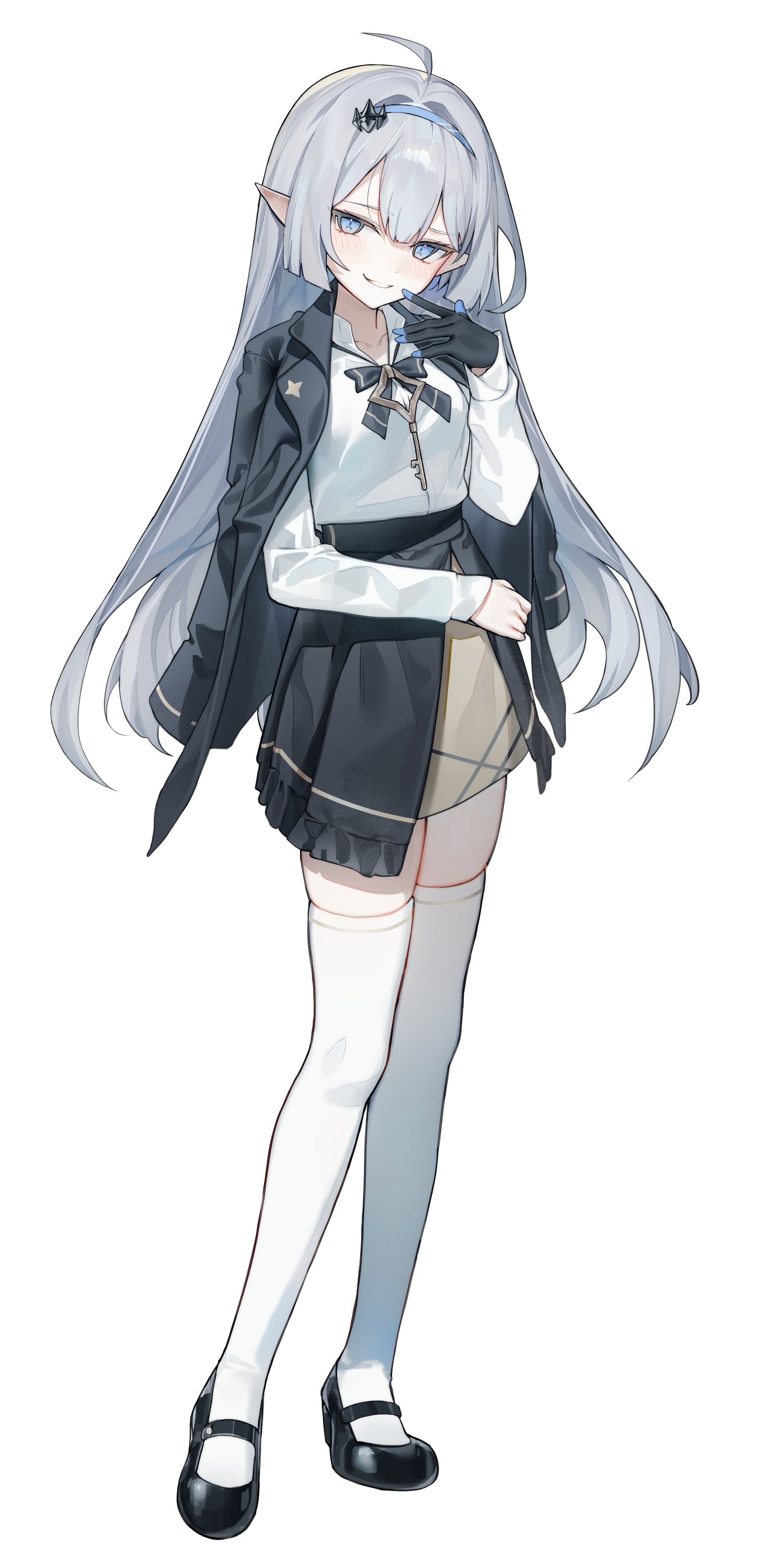 huu (dighapdlxm12), female tyrant (stella sora), tyrant (stella sora), stella sora, absurdres, commentary, highres, symbol-only commentary, 1girl, alternate costume, black gloves, black shoes, closed mouth, collared shirt, full body, gloves, grey hair, long hair, long sleeves, parted lips, pointy ears, shirt, shoes, simple background, single glove, smile, solo, standing, thighhighs, white background, white shirt, white thighhighs, zettai ryouiki