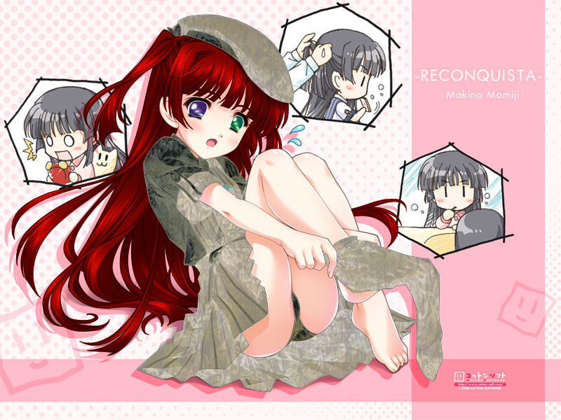 third-party edit, 1girl, barefoot, heterochromia, red hair, school uniform, spanish text