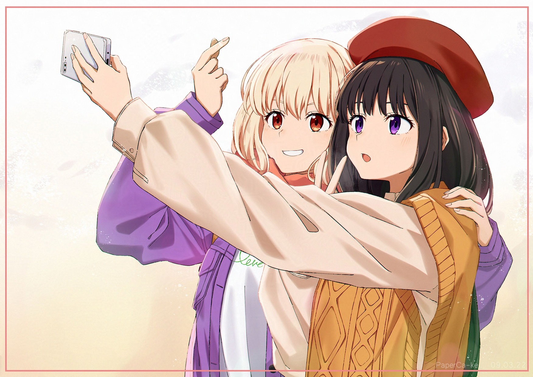 paperca-ke, inoue takina, nishikigi chisato, lycoris recoil, commentary, english commentary, highres, 2girls, beret, black hair, blonde hair, blush, brown sweater vest, cellphone, finger heart, hat, holding, holding phone, jacket, long hair, long sleeves, multiple girls, open mouth, phone, purple eyes, purple jacket, red eyes, red hat, selfie, shirt, short hair, sidelocks, smartphone, sweater vest, v, white shirt