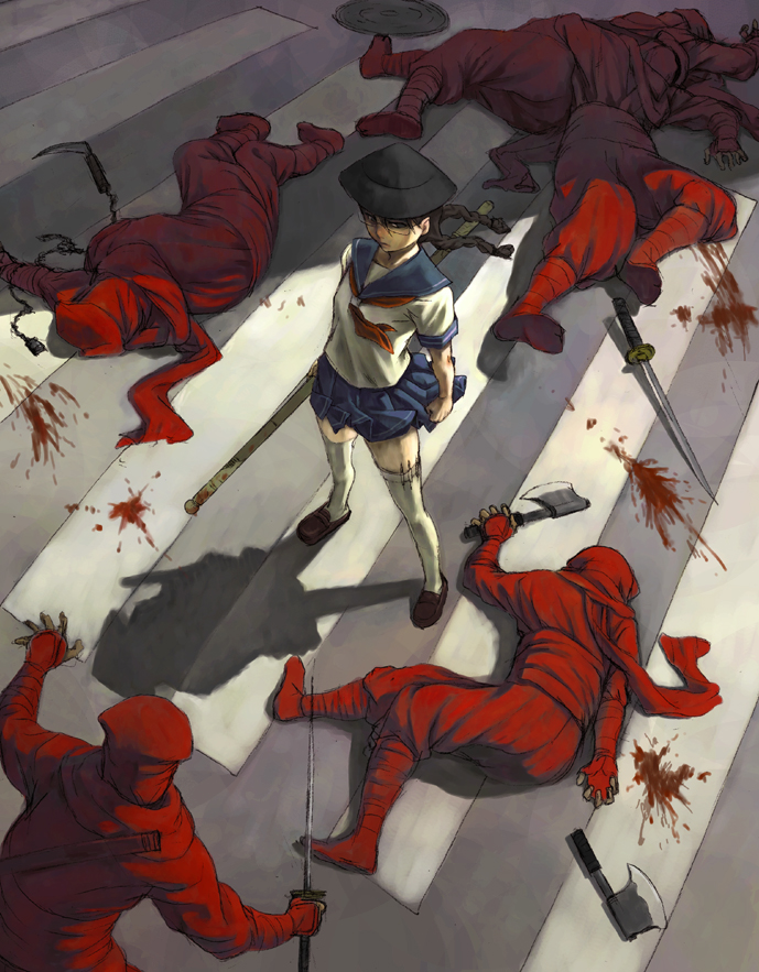 oono tsutomu, 1girl, 5boys, axe, blood, braid, brown hair, glasses, hat, katana, multiple boys, ninja, outdoors, road, school uniform, serious, shadow, skirt, staff, standing, street, sword, thighhighs, twin braids, twintails, weapon, white thighhighs, wind
