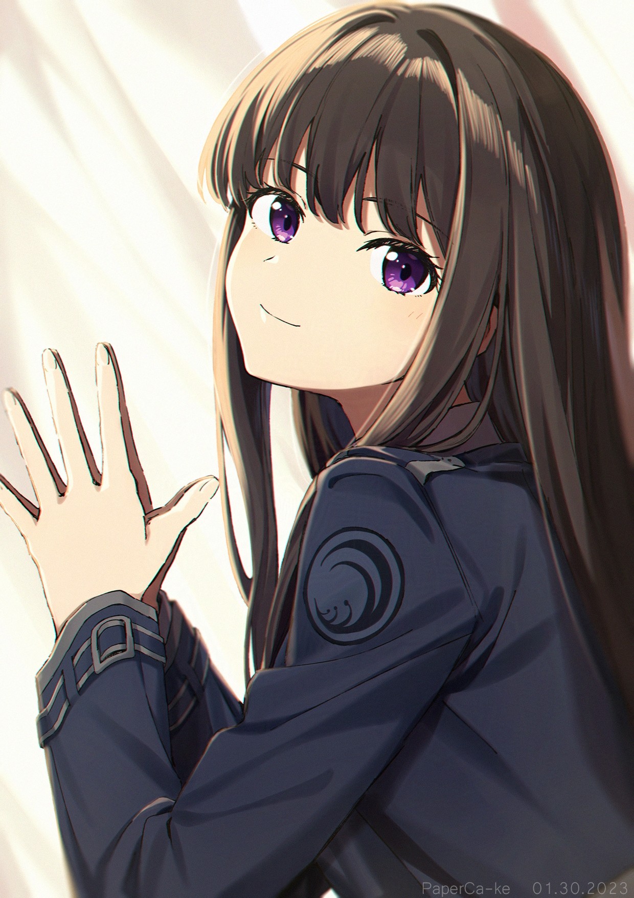 paperca-ke, inoue takina, lycoris recoil, commentary, highres, 1girl, black hair, closed mouth, dated, long hair, long sleeves, looking at viewer, own hands together, purple eyes, sidelocks, solo, steepled fingers, upper body