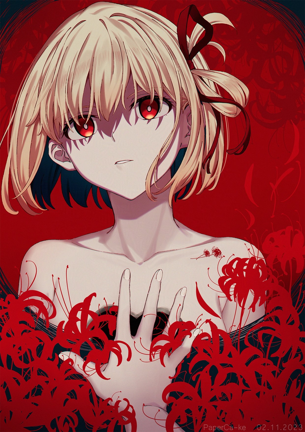 paperca-ke, nishikigi chisato, lycoris recoil, commentary, highres, symbol-only commentary, 1girl, blonde hair, collarbone, flower, hair ribbon, nude, one side up, parted lips, red eyes, red ribbon, ribbon, short hair, solo, spider lily
