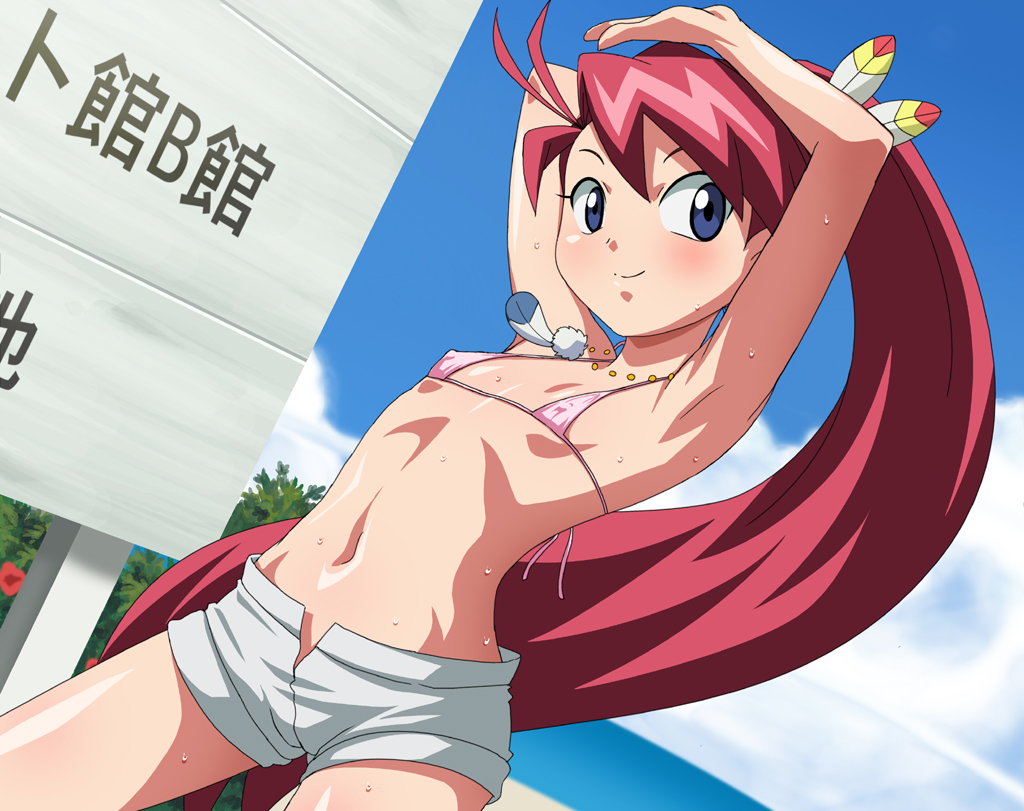 makino tomoyasu, kozeri ai, live on cardliver kakeru, bad id, bad pixiv id, translated, 1girl, armpits, arms up, beach, bikini, bikini top only, blue eyes, cloud, covered erect nipples, day, feathers, female focus, flat chest, hair ornament, hip bones, jewelry, loli, long hair, looking at viewer, micro bikini, navel, necklace, ocean, outdoors, ponytail, red hair, short shorts, shorts, sign, sky, smile, solo, summer, sweat, swimsuit, very long hair, water, wet