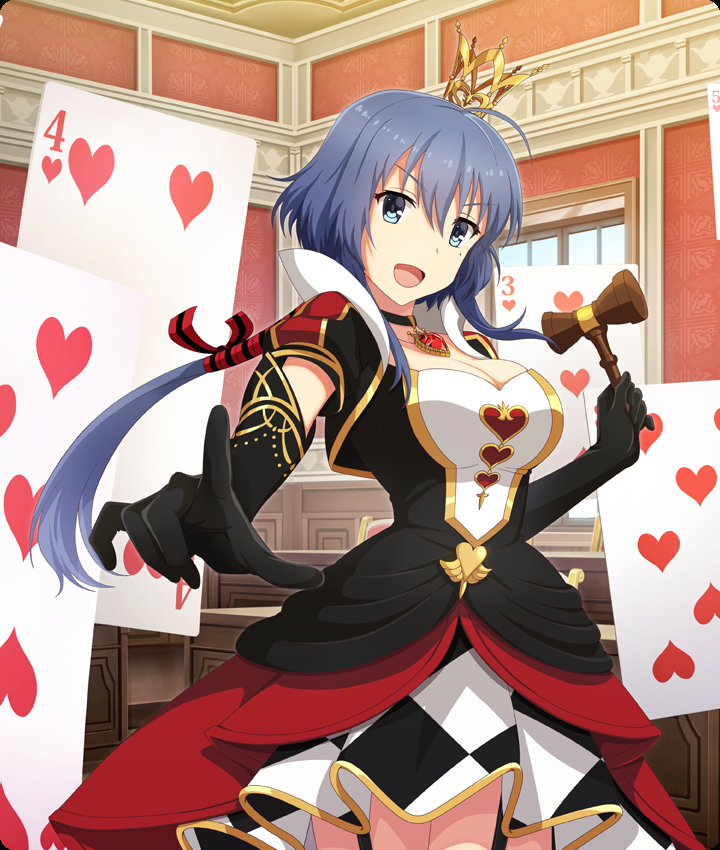 queen of hearts (alice in wonderland), setouchi chie, alice's adventures in wonderland, toji no miko, toji no miko: kizamishi issen no tomoshibi, game cg, official art, third-party source, 1girl, :d, ahoge, black choker, black dress, black garter straps, black gloves, black skirt, blue eyes, blue hair, breasts, card, checkered clothes, checkered skirt, choker, cleavage, cosplay, courtroom, cowboy shot, crown, day, dress, elbow gloves, garter straps, gavel, gloves, gold crown, hair ribbon, hammer, heart, heart pendant, holding, holding hammer, indoors, large breasts, layered skirt, long hair, looking at viewer, mini crown, mole, mole under eye, multicolored dress, open mouth, oversized object, pendant choker, playing card, pointing, pointing at viewer, queen of hearts (alice in wonderland) (cosplay), red dress, red ribbon, red skirt, ribbon, skirt, smile, solo, striped ribbon, tilted headwear, very long hair, white dress, white skirt, window