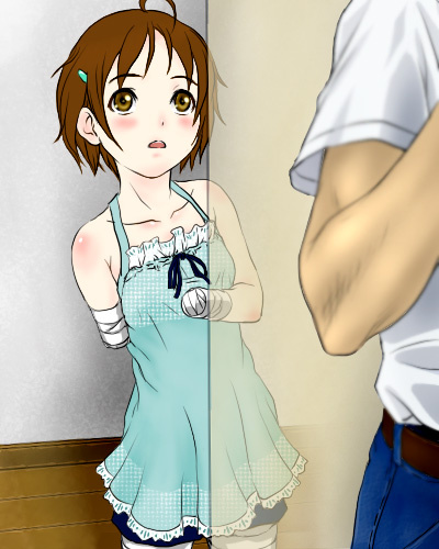 karakure, lowres, ahoge, amputee, bandages, blush, brown eyes, brown hair, dress, hair ornament, hairclip, looking up, ribbon, short hair