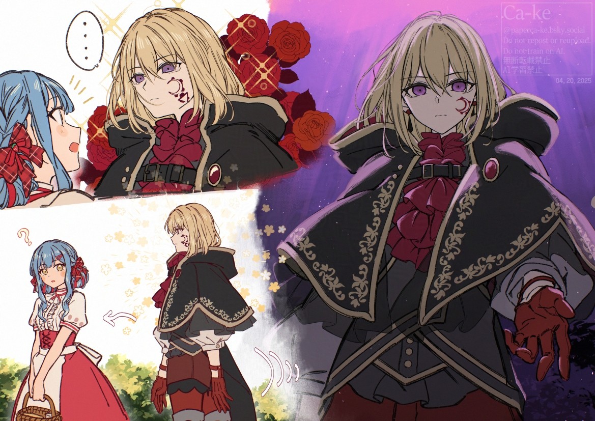 paperca-ke, aver (yumenokessho), doloris (bang dream!), misumi uika, togawa sakiko, bang dream!, bang dream! it's mygo!!!!!, sweets paradise, commentary, symbol-only commentary, 2girls, basket, blonde hair, blue hair, bow, center frills, closed mouth, flower, frills, gloves, hair between eyes, hair bow, hair ornament, hairclip, heart, long hair, medium hair, multiple girls, offering hand, purple eyes, red bow, red gloves, red shorts, red skirt, rose, shirt, short hair with long locks, shorts, sidelocks, skirt, sparkle, spoken heart, white shirt, yumenokessho