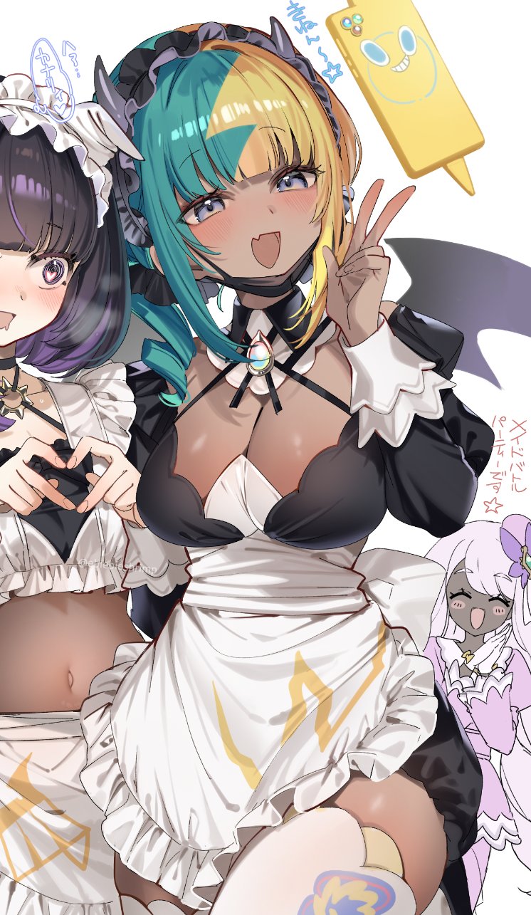 shuri (84k), canari (pokemon), gwynn (pokemon), jacinthe (pokemon), rotom, rotom phone, nintendo, pokemon, pokemon legends: z-a, commentary request, highres, paid reward available, 3girls, :d, apron, aqua hair, black dress, black hair, black mask, blonde hair, blue eyes, blunt bangs, breasts, dark-skinned female, dark skin, dress, fang, four-finger heart hands, gen 4 pokemon, heart, heart-shaped pupils, heart hands, large breasts, looking at viewer, maid apron, mask, mouth mask, multicolored hair, multiple girls, navel, open mouth, purple eyes, purple hair, short hair, short twintails, skin fang, smile, split-color hair, streaked hair, symbol-shaped pupils, thighhighs, twintails, very dark skin, w, white background, white thighhighs