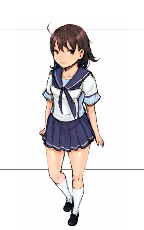 shiohara shin'ichi, anegasaki nene, love plus, framed, 1girl, ahoge, arms at sides, black hair, black shoes, blue shirt, blue skirt, breasts, clenched hand, closed mouth, female focus, full body, kneehighs, light smile, lips, loafers, miniskirt, mole, mole under eye, neckerchief, pleated skirt, red eyes, school uniform, serafuku, shirt, shoes, short sleeves, simple background, skirt, small breasts, smile, socks, solo, standing, white background, white shirt