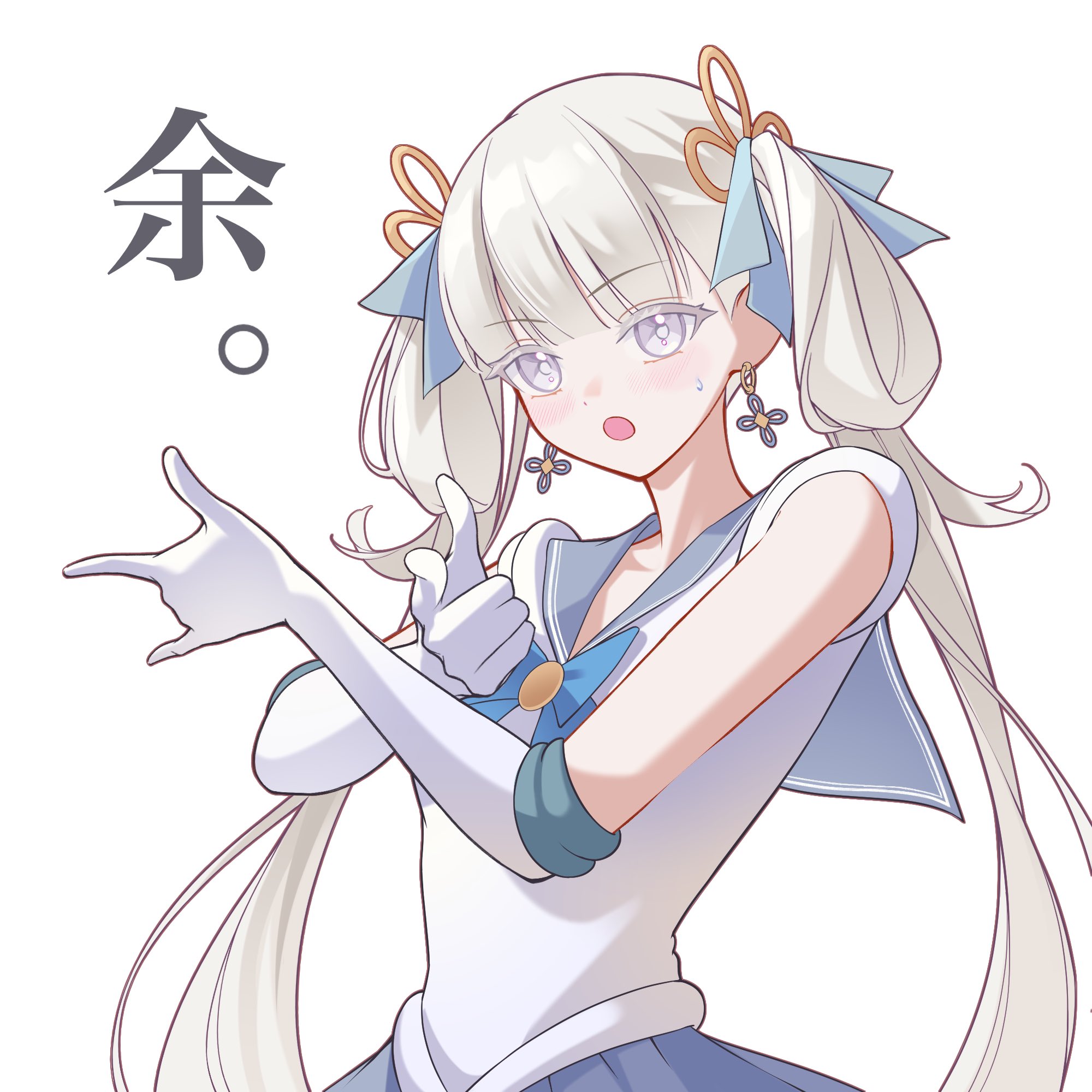chigusa7h, jinhsi (wuthering waves), bishoujo senshi sailor moon, wuthering waves, commentary request, highres, 1girl, blue bow, bow, bright pupils, colored eyelashes, cosplay, crossed arms, earrings, elbow gloves, gloves, grey sailor collar, hair bow, hair rings, jewelry, long hair, looking at viewer, open mouth, sailor collar, shirt, simple background, solo, sweatdrop, tsuki ni kawatte oshioki yo, twintails, upper body, white background, white eyelashes, white eyes, white gloves, white pupils, white shirt