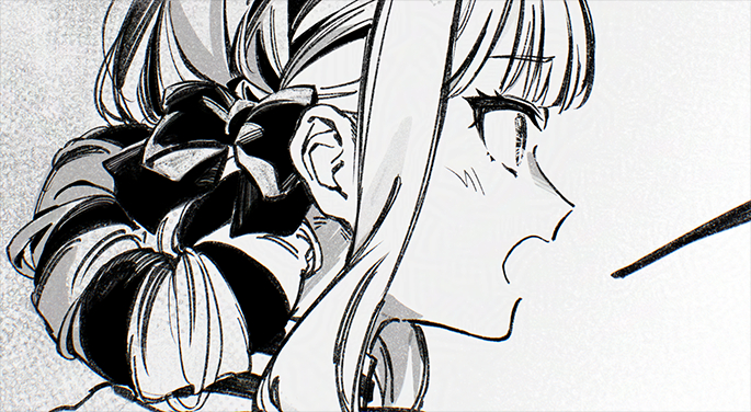 paperca-ke, togawa sakiko, bang dream!, bang dream! it's mygo!!!!!, sweets paradise, commentary, english commentary, 1girl, blush, bow, greyscale, hair bow, monochrome, open mouth, sidelocks, solo