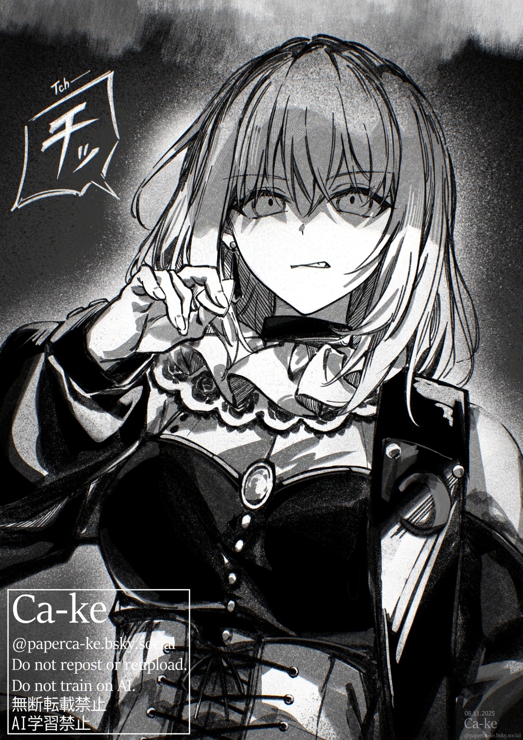 paperca-ke, doloris (bang dream!), misumi uika, bang dream!, bang dream! it's mygo!!!!!, commentary, highres, 1girl, clothing cutout, corset, earrings, greyscale, guitar strap, holding, holding plectrum, jewelry, long sleeves, medium hair, monochrome, plectrum, shoulder cutout, smirk, solo, watermark