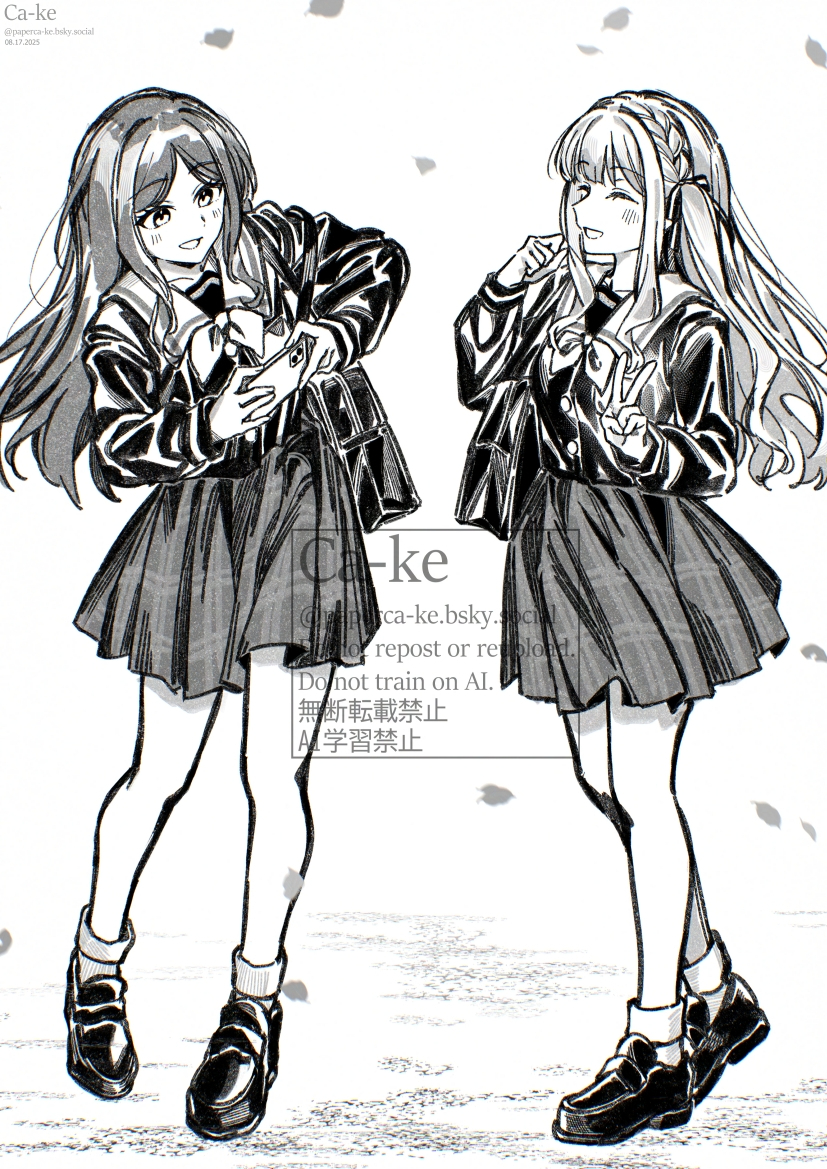 paperca-ke, nagasaki soyo, togawa sakiko, bang dream!, bang dream! it's mygo!!!!!, commentary, 2girls, ^ ^, blush, braid, cellphone, closed eyes, crown braid, falling petals, greyscale, hair ribbon, holding, holding phone, loafers, long hair, monochrome, multiple girls, open mouth, petals, phone, plaid clothes, plaid skirt, pleated skirt, ribbon, school uniform, shoes, sidelocks, skirt, smartphone, taking picture, tsukinomori school uniform, two-sided fabric, v, watermark