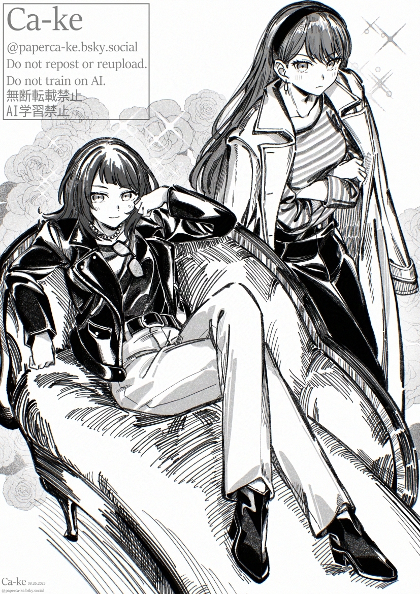 paperca-ke, shiina taki, yahata umiri, bang dream!, bang dream! it's mygo!!!!!, commentary, english commentary, 2girls, blush, closed mouth, coat, coat on shoulders, couch, crossed arms, crossed legs, earrings, hairband, jacket, jewelry, long hair, long sleeves, medium hair, mole, mole under eye, multiple girls, necklace, open clothes, open jacket, pants, shirt, sitting, sparkle, standing, striped clothes, striped shirt, unworn eyewear