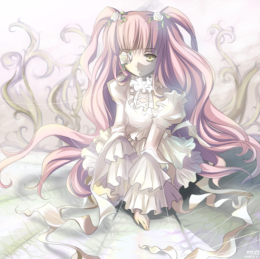 mtyy, kirakishou, rozen maiden, 00s, dress, eyepatch, lolita fashion, long hair, shiro lolita, sitting, solo, sweet lolita