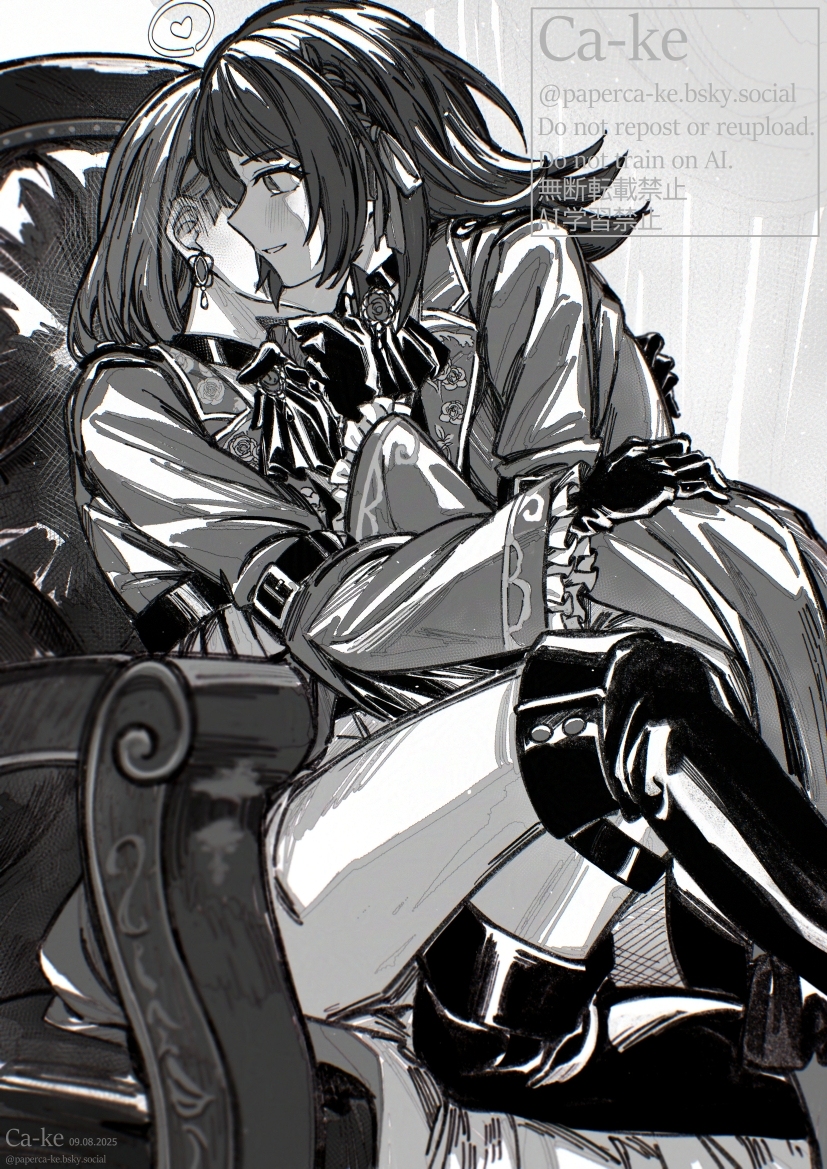 paperca-ke, shiina taki, yahata umiri, bang dream!, bang dream! it's mygo!!!!!, commentary, 2girls, blush, boots, braid, chair, ear blush, earrings, gloves, greyscale, hair ribbon, heart, jacket, jewelry, long sleeves, matching outfits, medium hair, monochrome, multiple girls, official alternate costume, ribbon, side braid, thigh boots, watermark, yuri