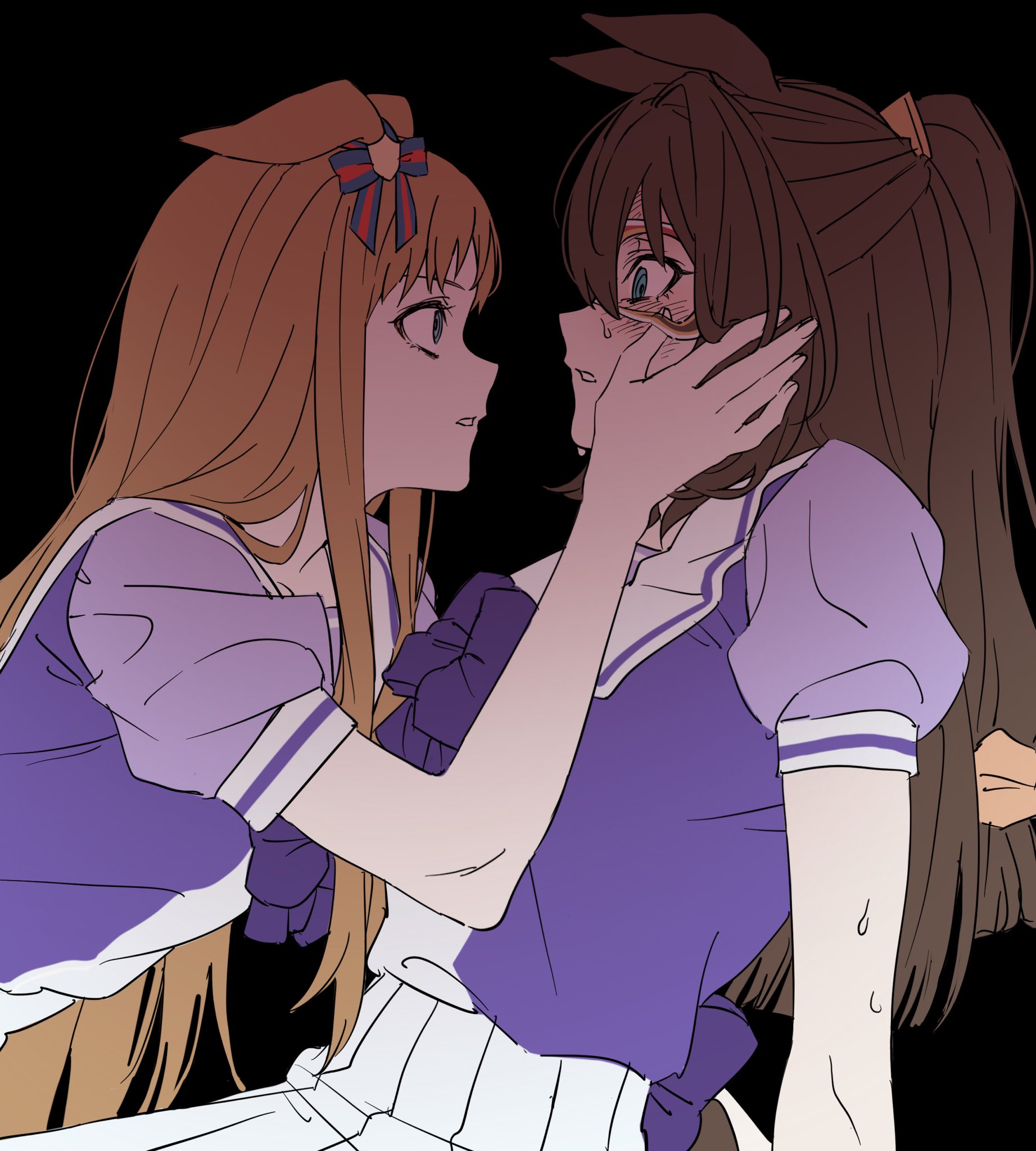 lut01, el condor pasa (umamusume), grass wonder (umamusume), umamusume, highres, 2girls, animal ears, back bow, bags under eyes, bare arms, black background, blue bow, blue bowtie, blue eyes, blue shirt, bow, bowtie, breasts, brown hair, cowboy shot, ear bow, ears down, eyelashes, face-to-face, from side, hair between eyes, hair ornament, hair scrunchie, high-waist skirt, horse ears, horse girl, horse tail, leaning forward, long hair, low-tied long hair, multiple girls, nervous sweating, parted lips, pleated skirt, pointy nose, ponytail, puffy short sleeves, puffy sleeves, red mask, sailor collar, school uniform, scrunchie, shield hair ornament, shirt, short sleeves, simple background, single stripe, skirt, straight hair, striped bow, sweat, tail, tracen school uniform, two-tone shirt, upper body, very long hair, white sailor collar, white shirt, white skirt, wrestling mask, yuri