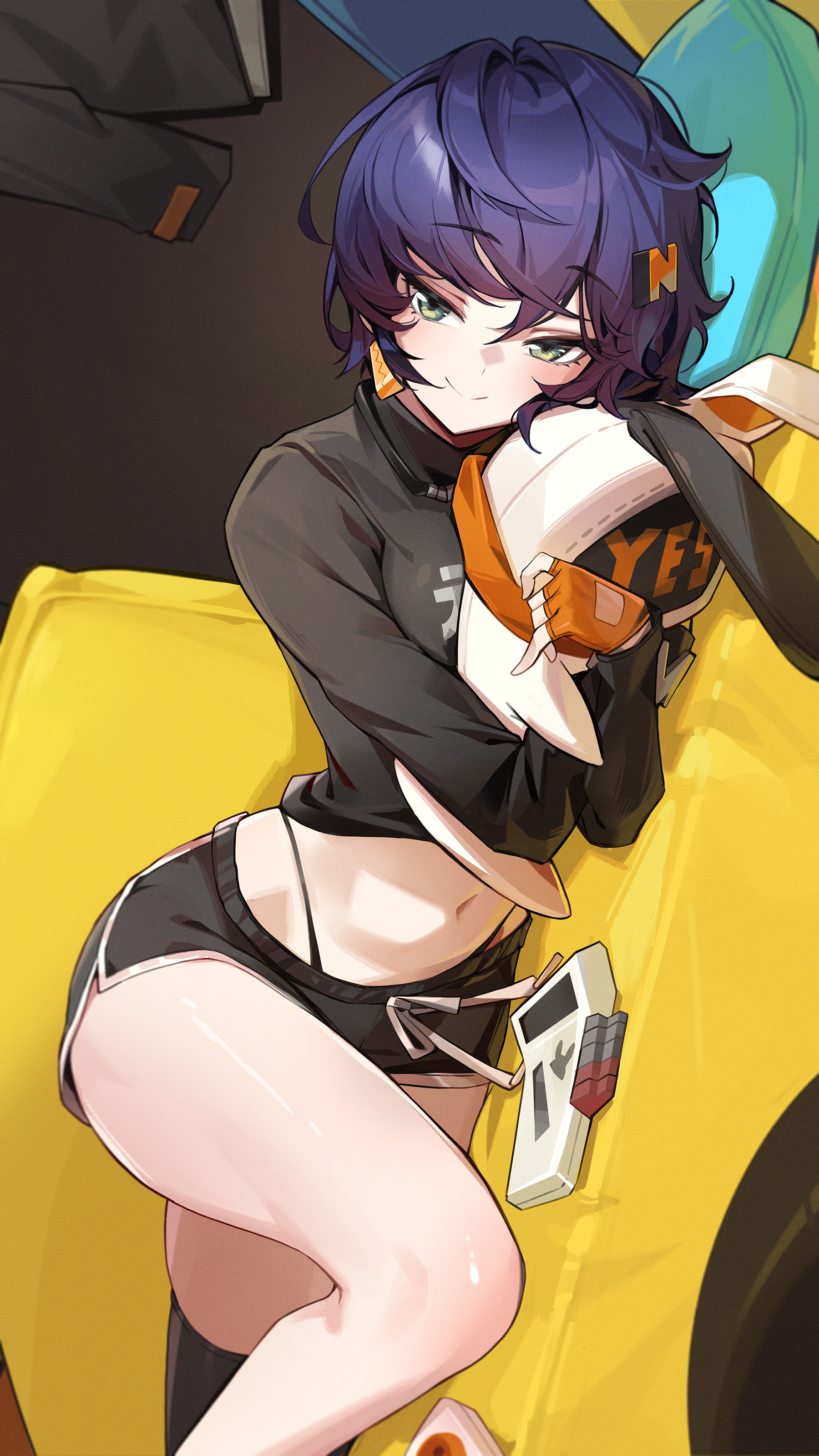 goomrrat, bangboo (zenless zone zero), belle (zenless zone zero), eous (zenless zone zero), zenless zone zero, absurdres, commentary request, highres, 1girl, black shirt, black shorts, blue hair, couch, dolphin shorts, green eyes, hair ornament, letter hair ornament, looking at viewer, lying, midriff, navel, on couch, on side, panty straps, shirt, short hair, shorts, smile, thighs