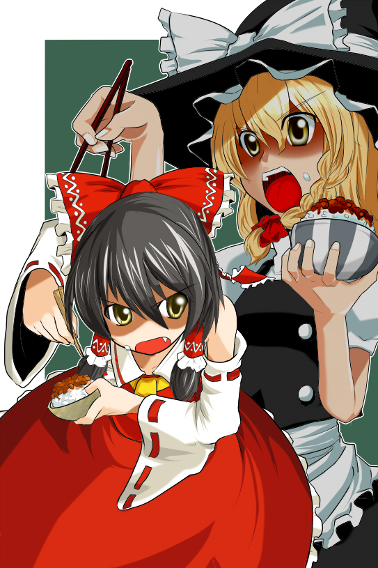 kasuka, hakurei reimu, kirisame marisa, touhou, 2girls, angry, black hair, blonde hair, bow, brown eyes, brown hair, chopsticks, detached sleeves, fang, female focus, food, food on face, hat, japanese clothes, miko, multiple girls, nattou, rice, rice on face, witch, witch hat