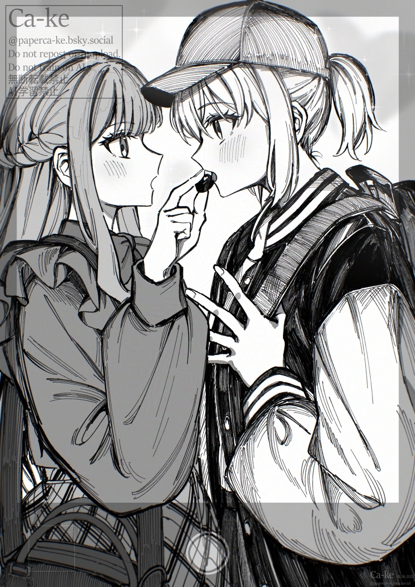 paperca-ke, misumi uika, togawa sakiko, bang dream!, bang dream! it's mygo!!!!!, commentary, 2girls, backpack, bag, baseball cap, blush, braid, feeding, greyscale, half up braid, hat, jacket, long hair, long sleeves, monochrome, multiple girls, ponytail, shirt, short hair, short ponytail, shoulder bag, sidelocks, watermark