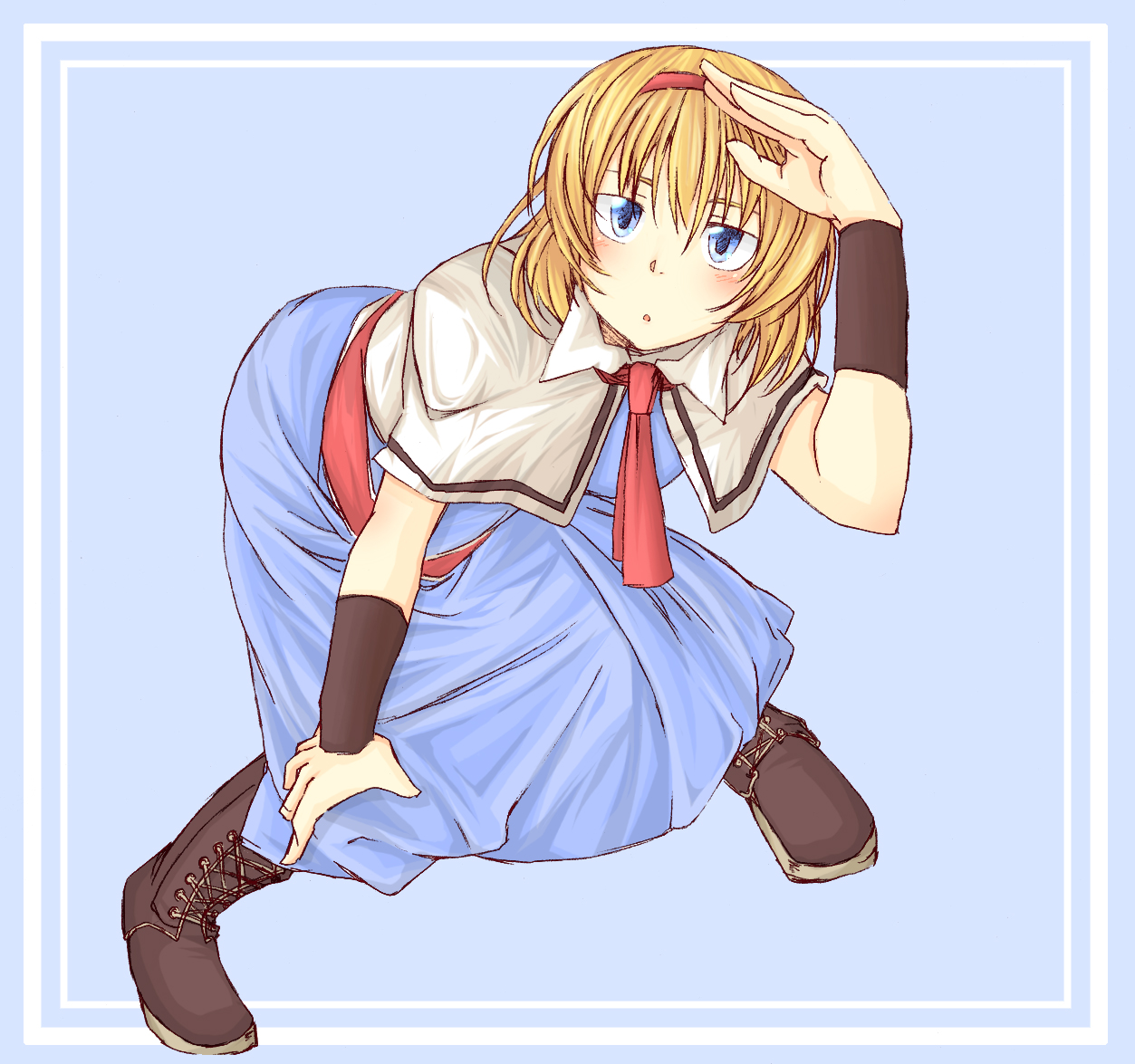 natsuk, alice margatroid, touhou, 1girl, armband, blonde hair, blue eyes, blush, boots, female focus, full body, hairband, leaning forward, ribbon, searching, short hair, solo, squatting