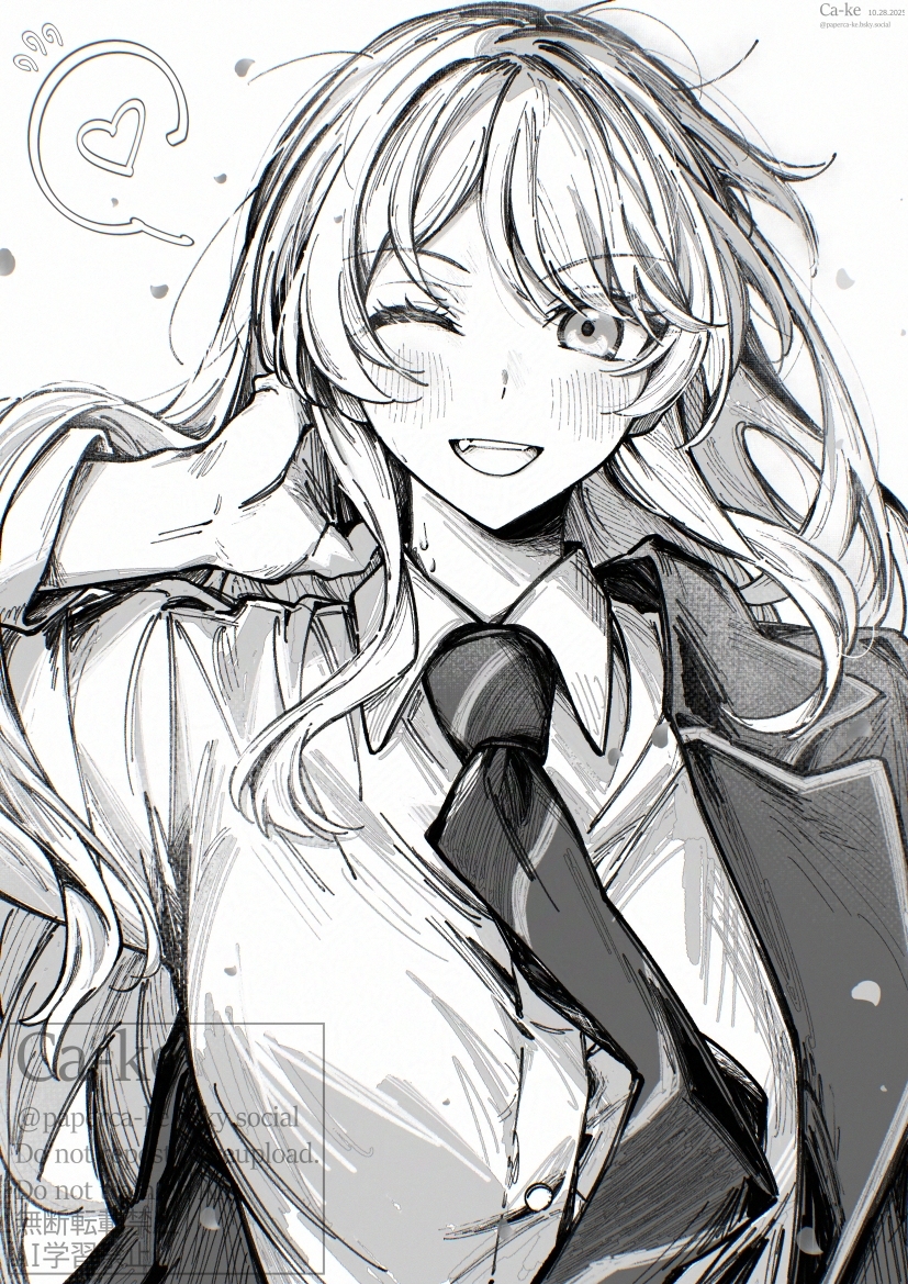 paperca-ke, chihaya anon, bang dream!, bang dream! it's mygo!!!!!, commentary, 1girl, blush, breasts, collared shirt, diagonal-striped clothes, diagonal-striped necktie, dress shirt, fang, greyscale, haneoka school uniform, long hair, looking at viewer, medium breasts, monochrome, necktie, one eye closed, open mouth, school uniform, shirt, single off shoulder, solo, striped clothes, teeth, upper teeth only