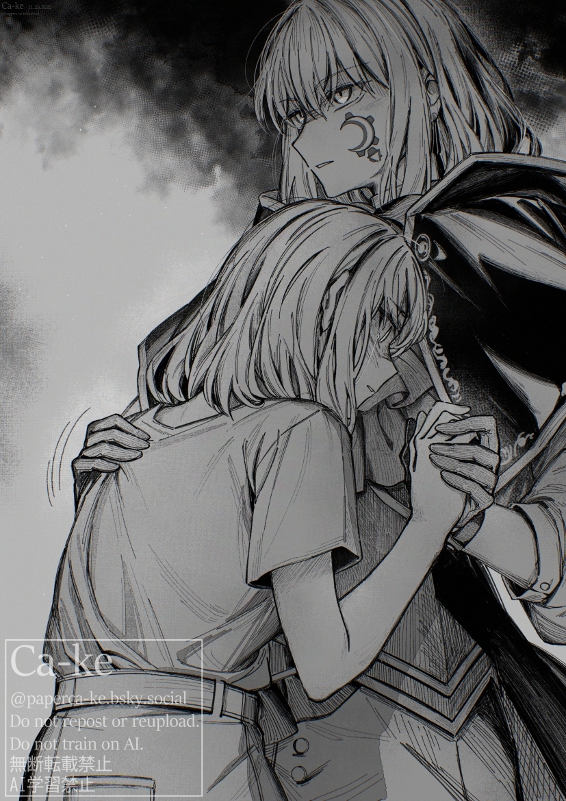 paperca-ke, aver (yumenokessho), doloris (bang dream!), misumi uika, bang dream!, bang dream! it's mygo!!!!!, commentary, 2girls, cape, dual persona, earrings, facial mark, gloves, height difference, holding hands, jewelry, multiple girls, short sleeves, sidelocks, watermark, yumenokessho