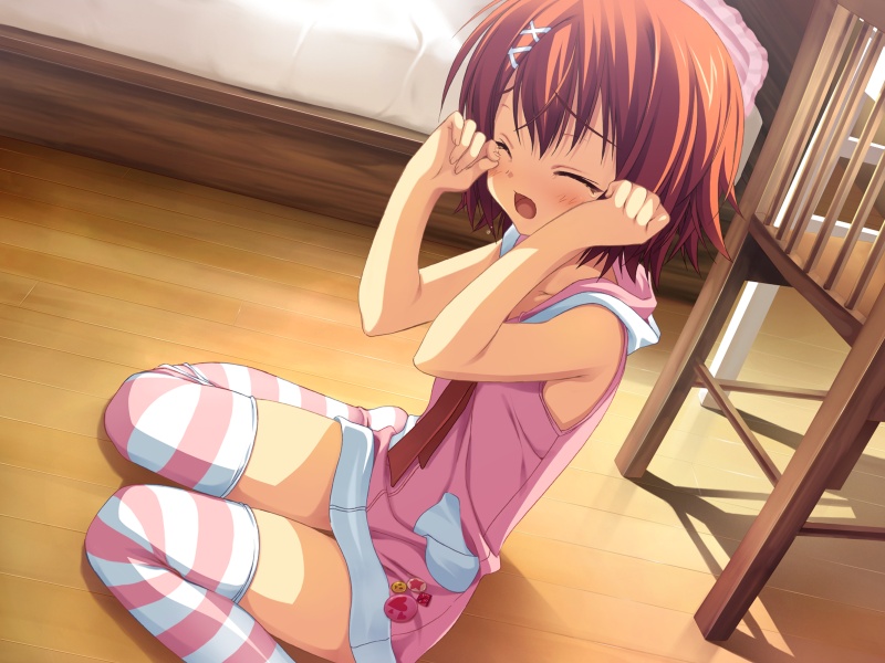 miyoshi yuiko, natsuzora kanata, yuzu soft, striped legwear, game cg, 1girl, bedroom, chair, child, closed eyes, crying, dress, flat chest, indoors, orange hair, short hair, sitting, sleeveless, socks, striped clothes, striped socks, striped thighhighs, tears, thigh gap, thighhighs, thighs, wooden chair, wooden floor