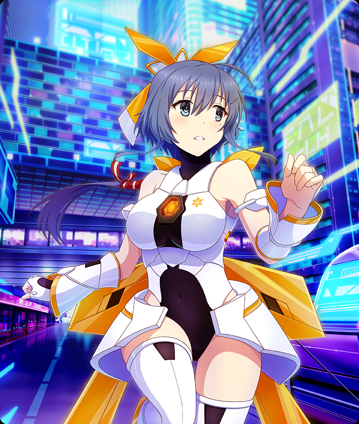 setouchi chie, toji no miko, toji no miko: kizamishi issen no tomoshibi, game cg, official art, third-party source, 1girl, ahoge, bare shoulders, black leotard, blue eyes, blue hair, blush, breasts, building, covered navel, cowboy shot, cyberspace, dot nose, double-parted bangs, fingerless gloves, gloves, hair ornament, hair ribbon, hairclip, large breasts, leotard, mole, mole under eye, multicolored leotard, parted lips, red ribbon, ribbon, running, sidelocks, skirt, solo, striped ribbon, teeth, thighhighs, two-tone leotard, white gloves, white leotard, white skirt, white thighhighs