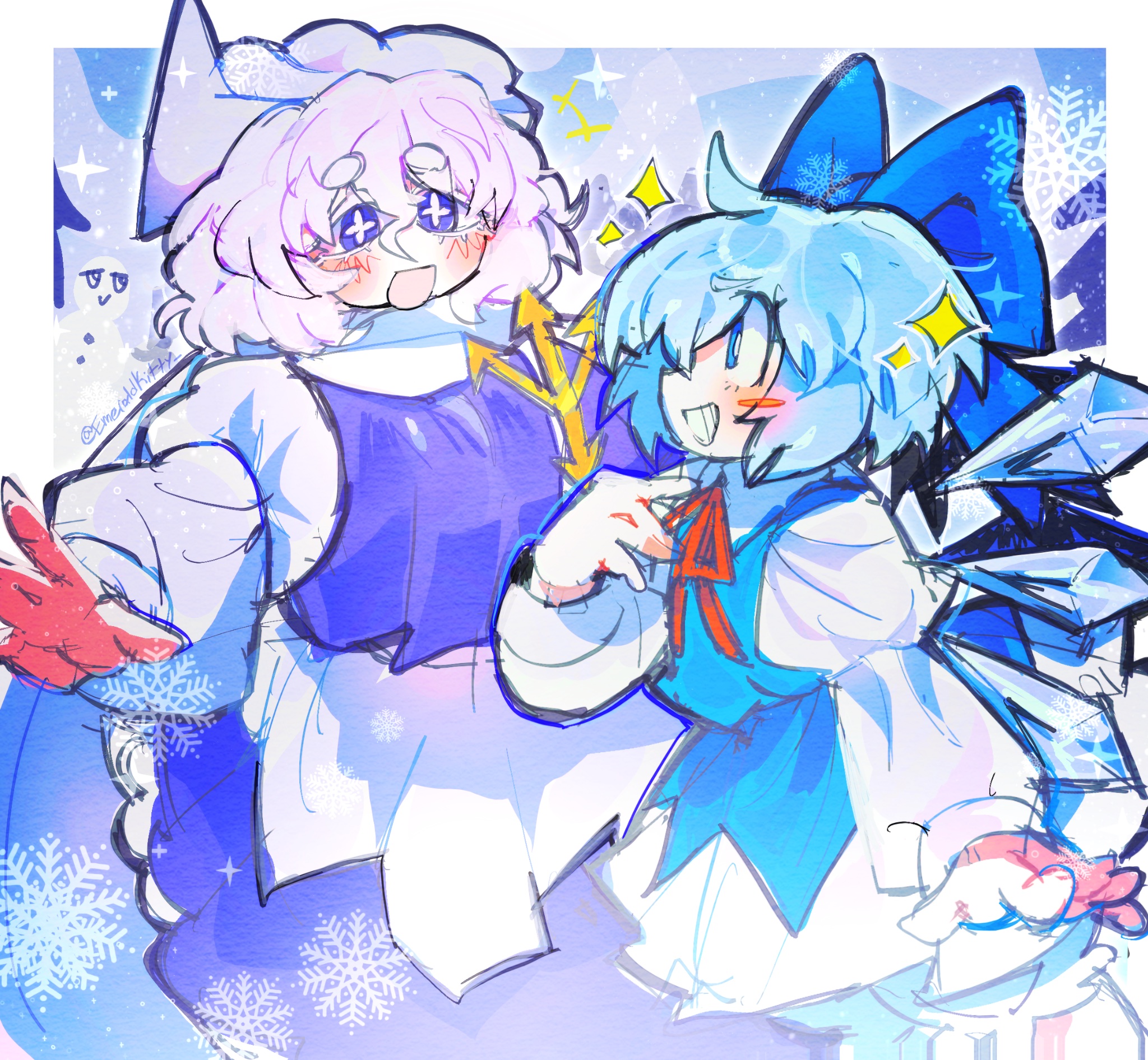 emerald kitty, cirno, letty whiterock, touhou, commentary, english commentary, highres, 2girls, blue eyes, blue hair, blue ribbon, breasts, hair ribbon, ice, ice wings, lapel pin, looking at another, medium breasts, multiple girls, purple eyes, purple hair, ribbon, triangular headpiece, wings