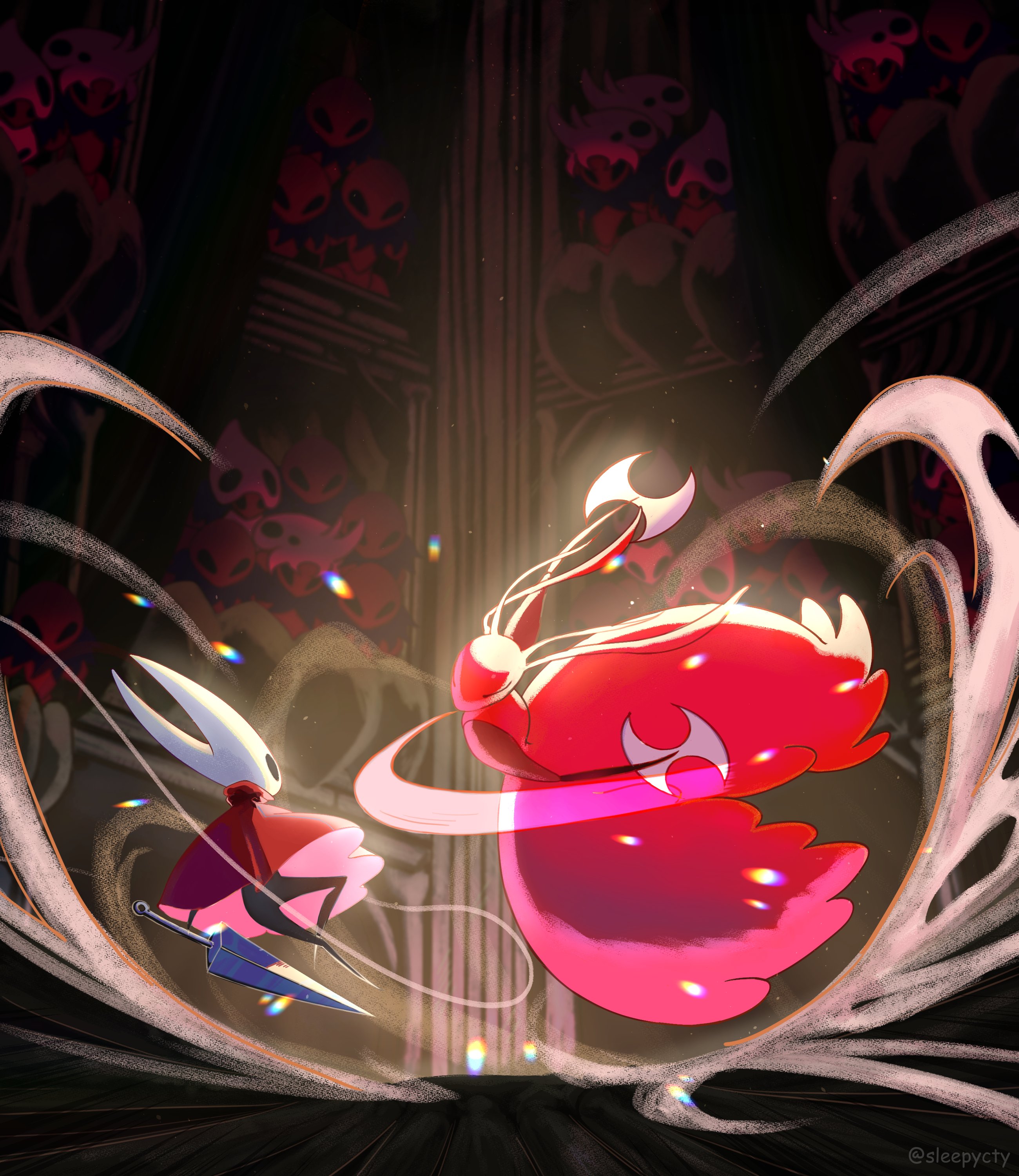 hornet (hollow knight), hollow knight, hollow knight: silksong, absurdres, commentary, english commentary, highres, 2girls, ant girl, antennae, arthropod girl, audience, black eyes, black skin, cloak, closed eyes, colored skin, dress, full body, holding, holding weapon, hollow eyes, horned mask, horns, looking at another, mask, multicolored skin, multiple girls, needle (hollow knight), no mouth, red cloak, red dress, red skin, skarr scout (hollow knight), skarrgard (hollow knight), skarrsinger karmelita (hollow knight), sleepycty, weapon, white mask