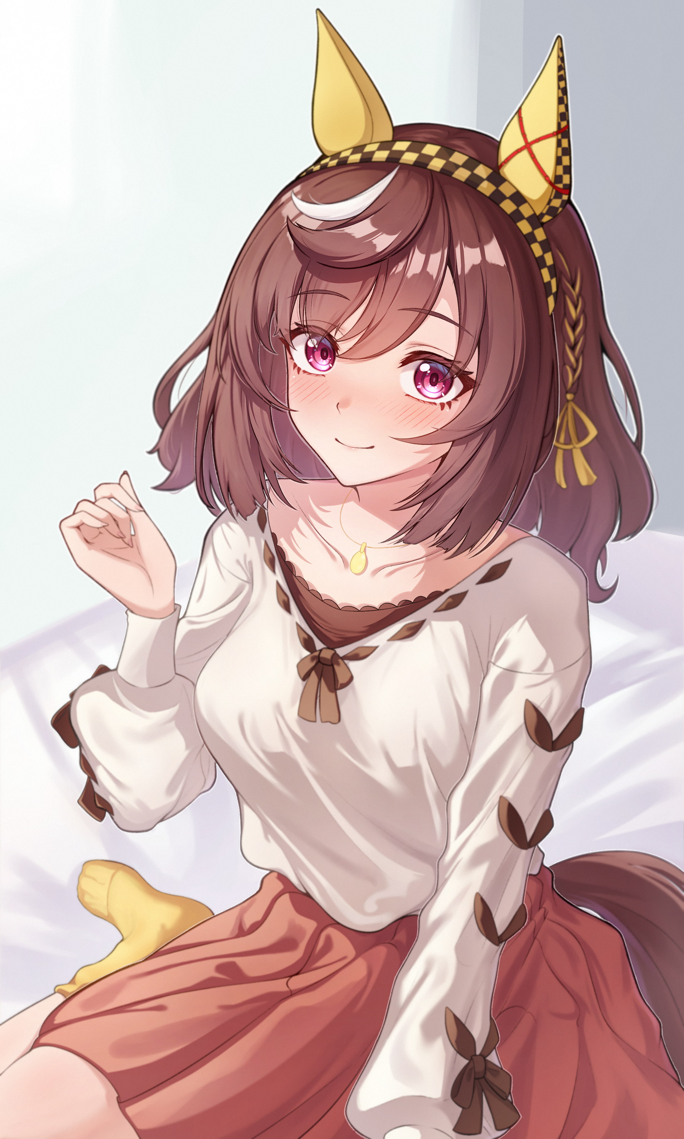 1m5papa, buena vista (casual) (umamusume), buena vista (umamusume), umamusume, absurdres, commentary request, highres, 1girl, animal ears, bed, blush, braid, breasts, casual, closed mouth, collarbone, hair between eyes, hair ornament, hairband, horse ears, horse girl, jewelry, looking at viewer, medium breasts, necklace, purple eyes, simple background, smile, solo, white background