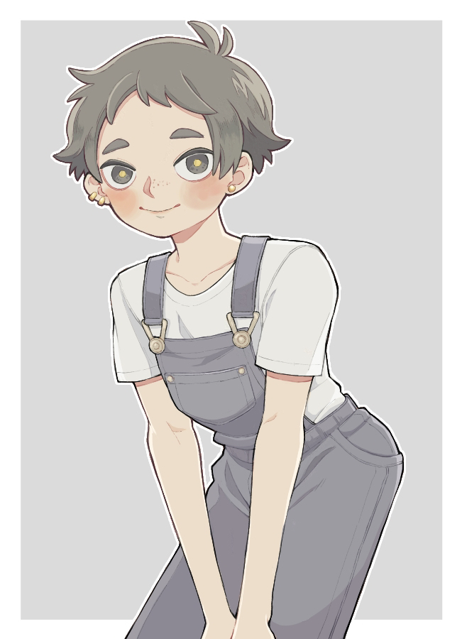 original, check gender, commentary request, gender request, antenna hair, blush, border, chiita k, closed mouth, ear piercing, earrings, freckles, grey background, grey eyes, grey hair, grey overalls, jewelry, outline, overalls, piercing, shirt, short hair, short sleeves, simple background, solo, thick eyebrows, very short hair, white border, white outline, white shirt, yellow pupils