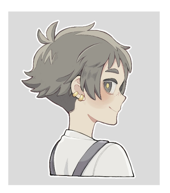 original, commentary request, gender request, blush, border, chiita k, closed mouth, cropped shoulders, ear piercing, freckles, grey background, grey eyes, grey hair, outline, piercing, short hair, simple background, solo, undercut, very short hair, white border, white outline, yellow pupils