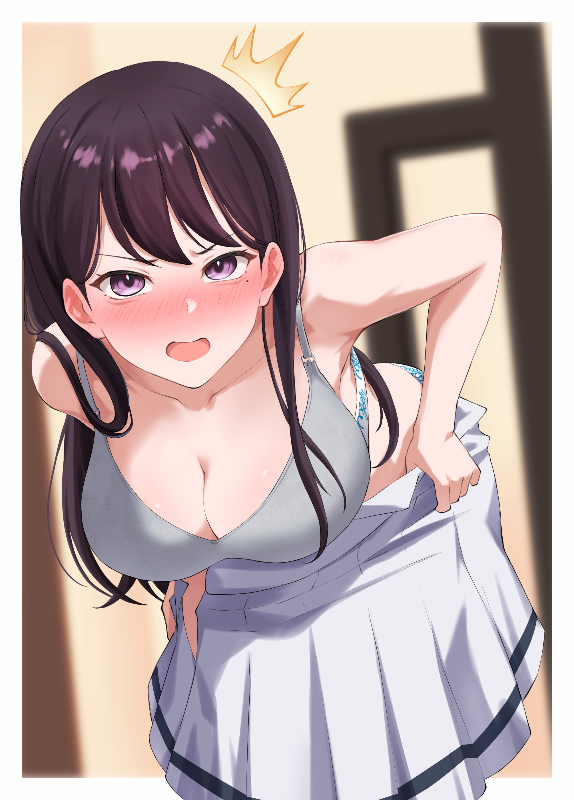 miyamu, shiina taki, bang dream!, bang dream! it's mygo!!!!!, absurdres, commentary, english commentary, highres, 1girl, aegyo sal, blush, border, bra, breasts, cleavage, ear blush, grey bra, hanasakigawa school uniform, large breasts, looking at viewer, mole, mole under eye, mygo!!!!! logo (bang dream!), open mouth, panties, partially undressed, pleated skirt, purple eyes, school uniform, skirt, solo, underwear, white border, white skirt
