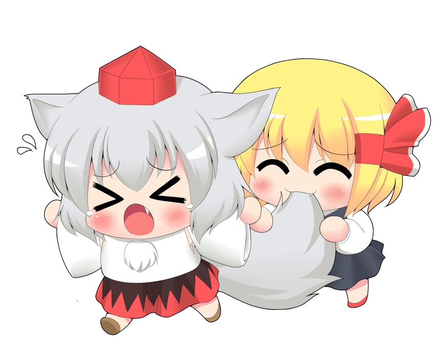 kyokutou hentai samurai, inubashiri momiji, rumia, touhou, silver hair, tail biting, bad id, bad pixiv id, > <, 2girls, animal ears, biting, biting another's tail, blonde hair, chibi, closed eyes, detached sleeves, fang, female focus, hair ribbon, hat, multiple girls, red eyes, ribbon, short hair, tail, tears, tokin hat, wolf ears, wolf tail