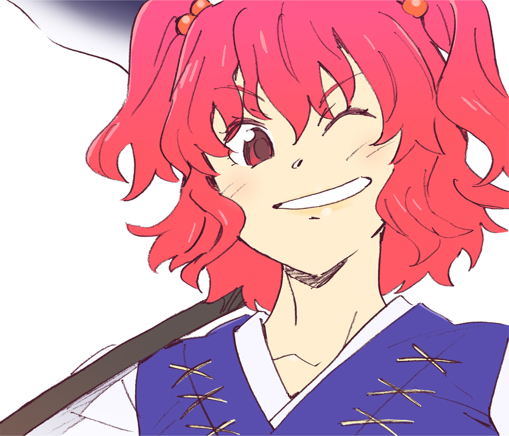 katou haruaki, onozuka komachi, touhou, 1girl, female focus, hair bobbles, hair ornament, one eye closed, red eyes, red hair, scythe, short hair, smile, solo, twintails, two side up, wink